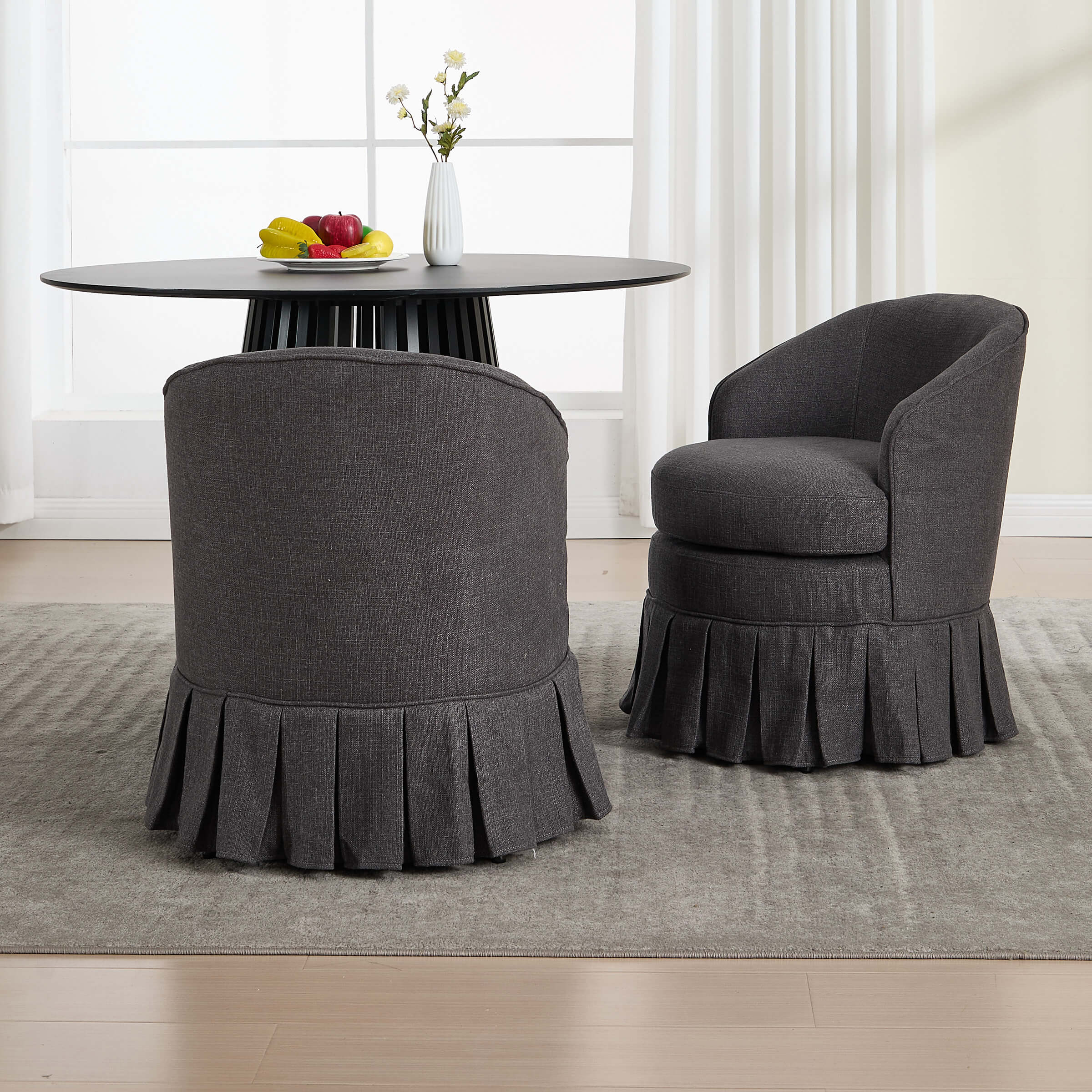 Two gray chairs and table