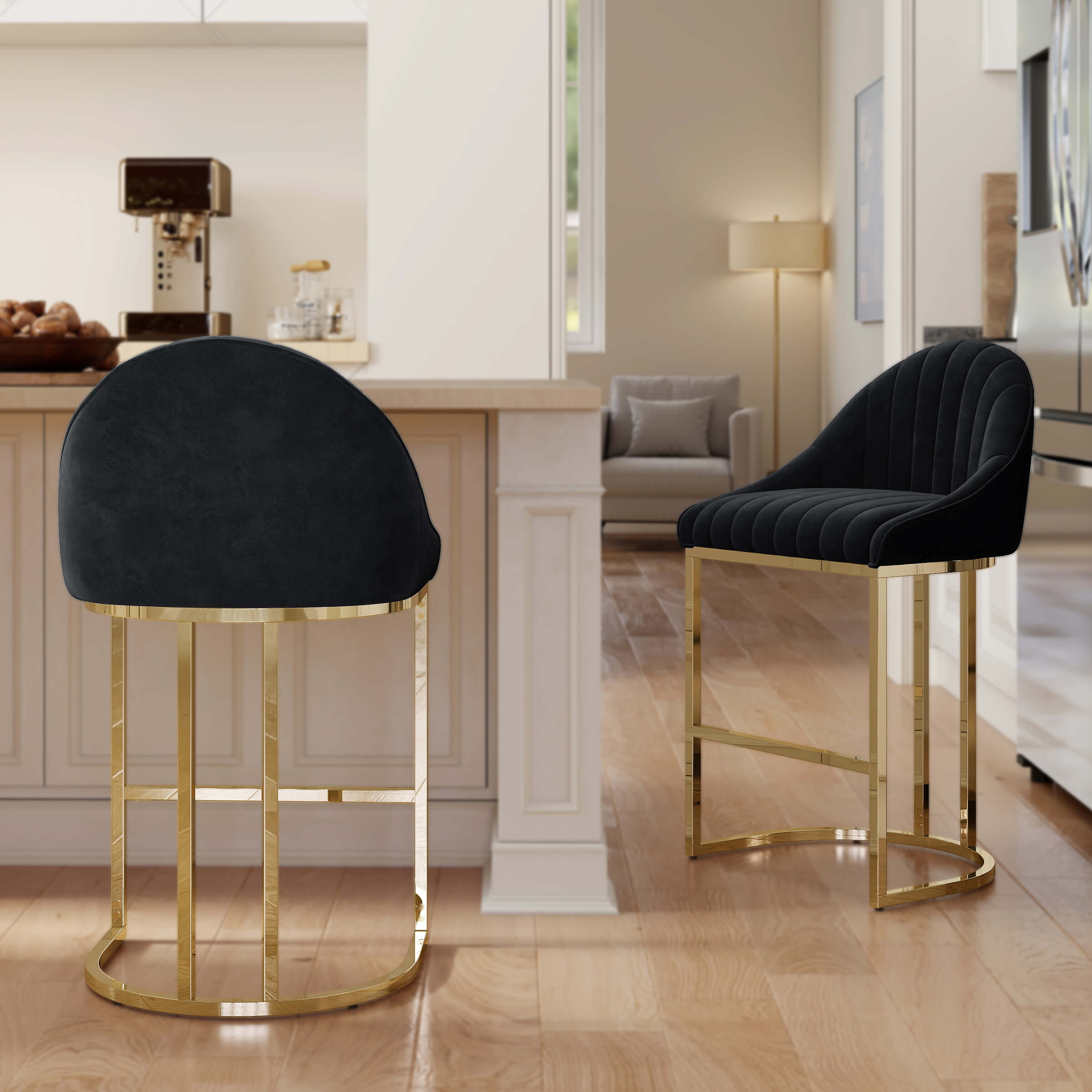 Two dark velvet bar stools in kitchen