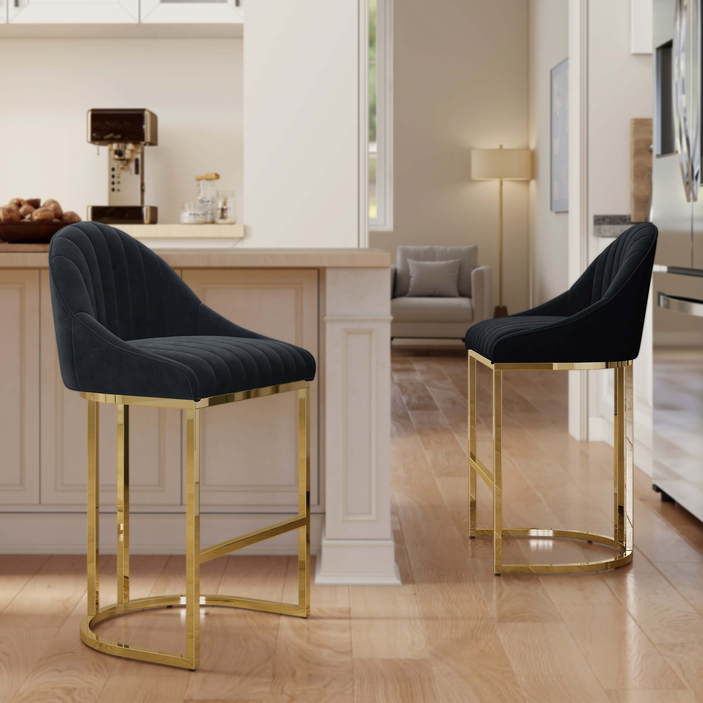 ZH4YOU 26”H Upholstered Gold Legs Stools Set of 2 - 9066CS