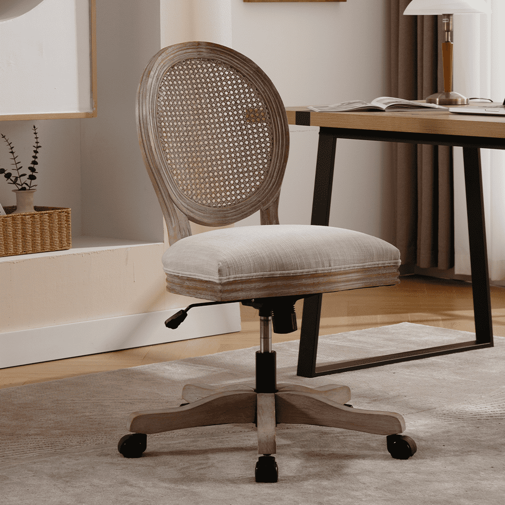 Wooden vintage-style swivel chair with woven back and cushioned seat on wheels