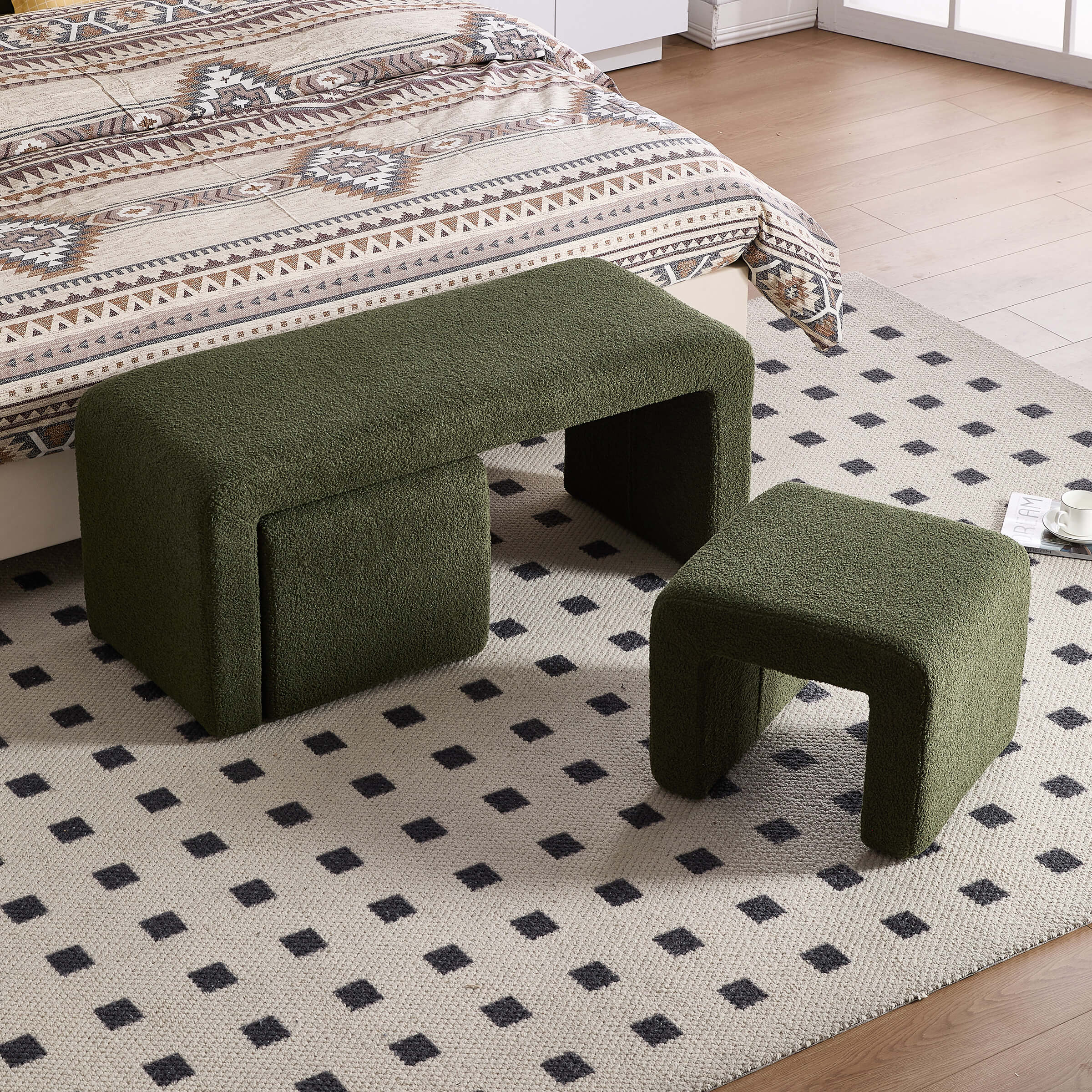 ROCITY Modern Boucle Bench White Sherpa Ottoman Bench Set of 3 - 1819