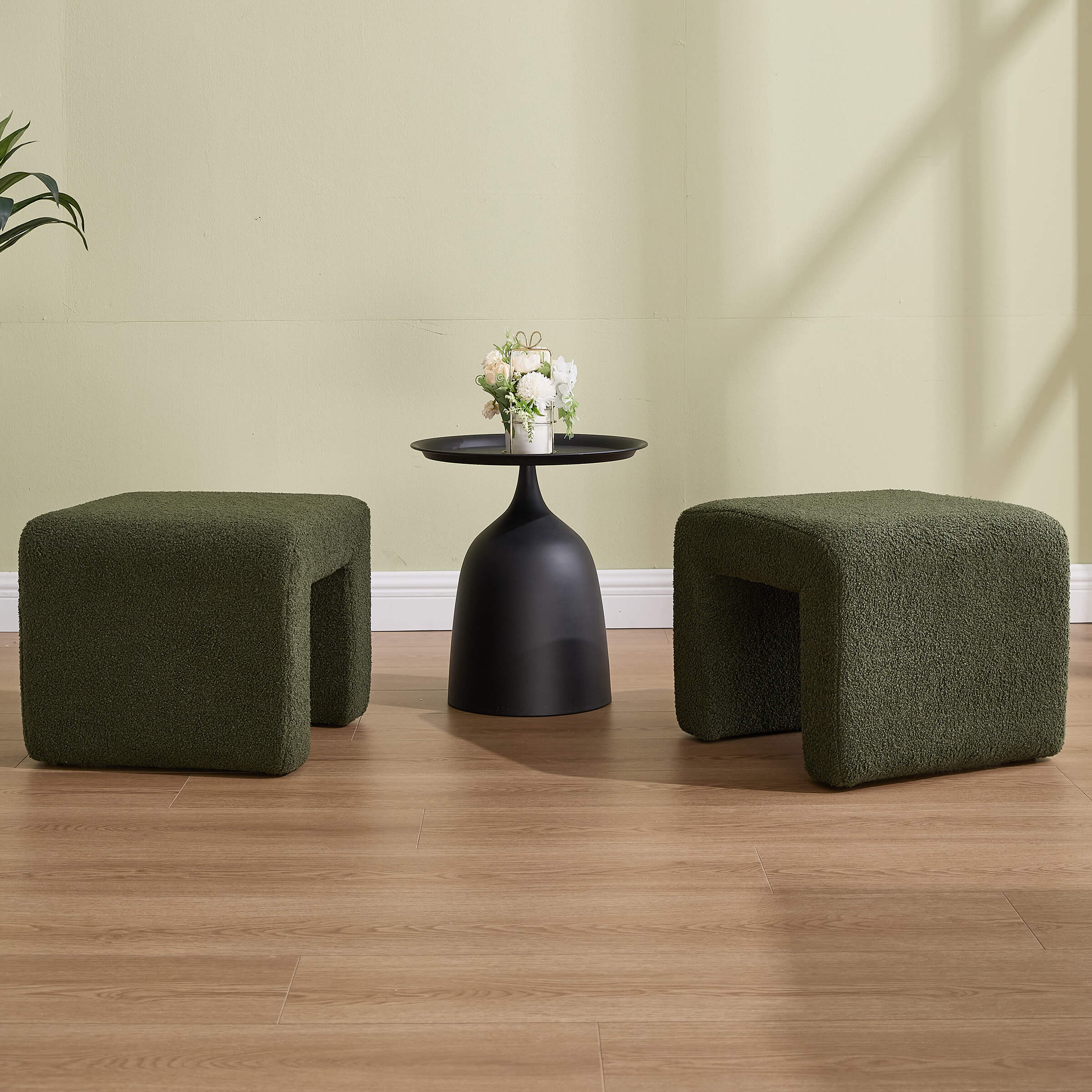 ROCITY Modern Boucle Bench White Sherpa Ottoman Bench Set of 3 - 1819