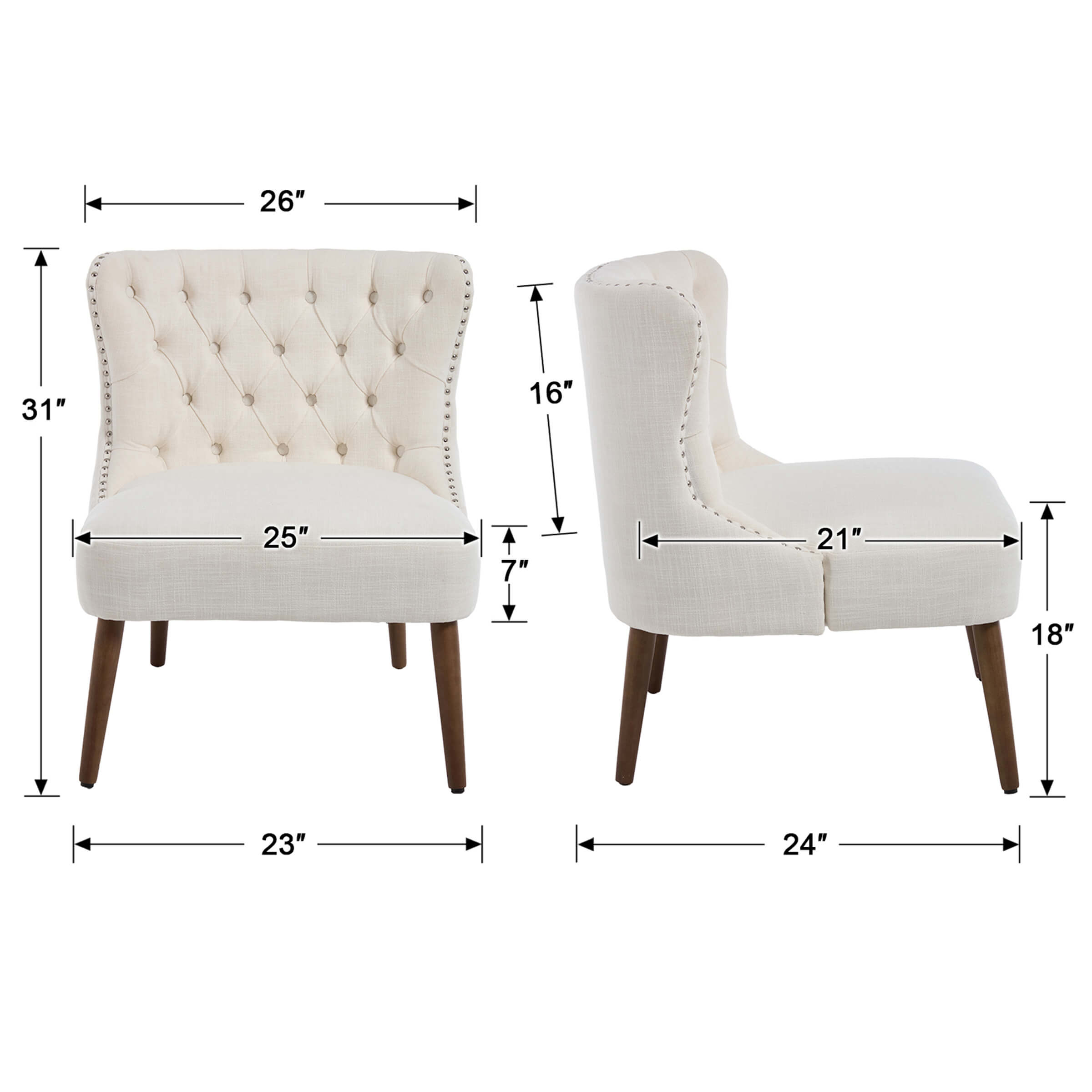 Dimensions diagram of cream/ivory slipper chair