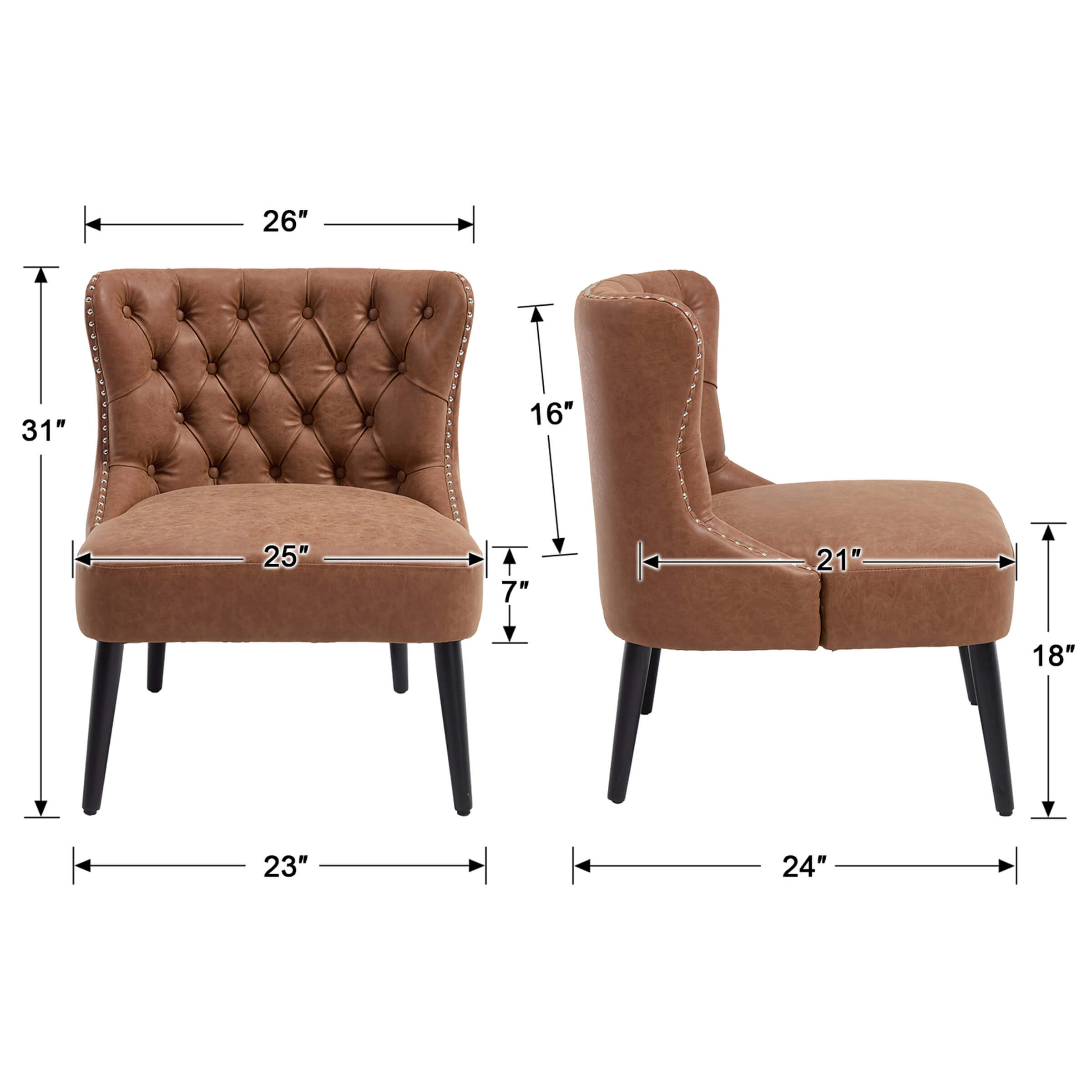 Dimensions diagram of brown leather slipper chair