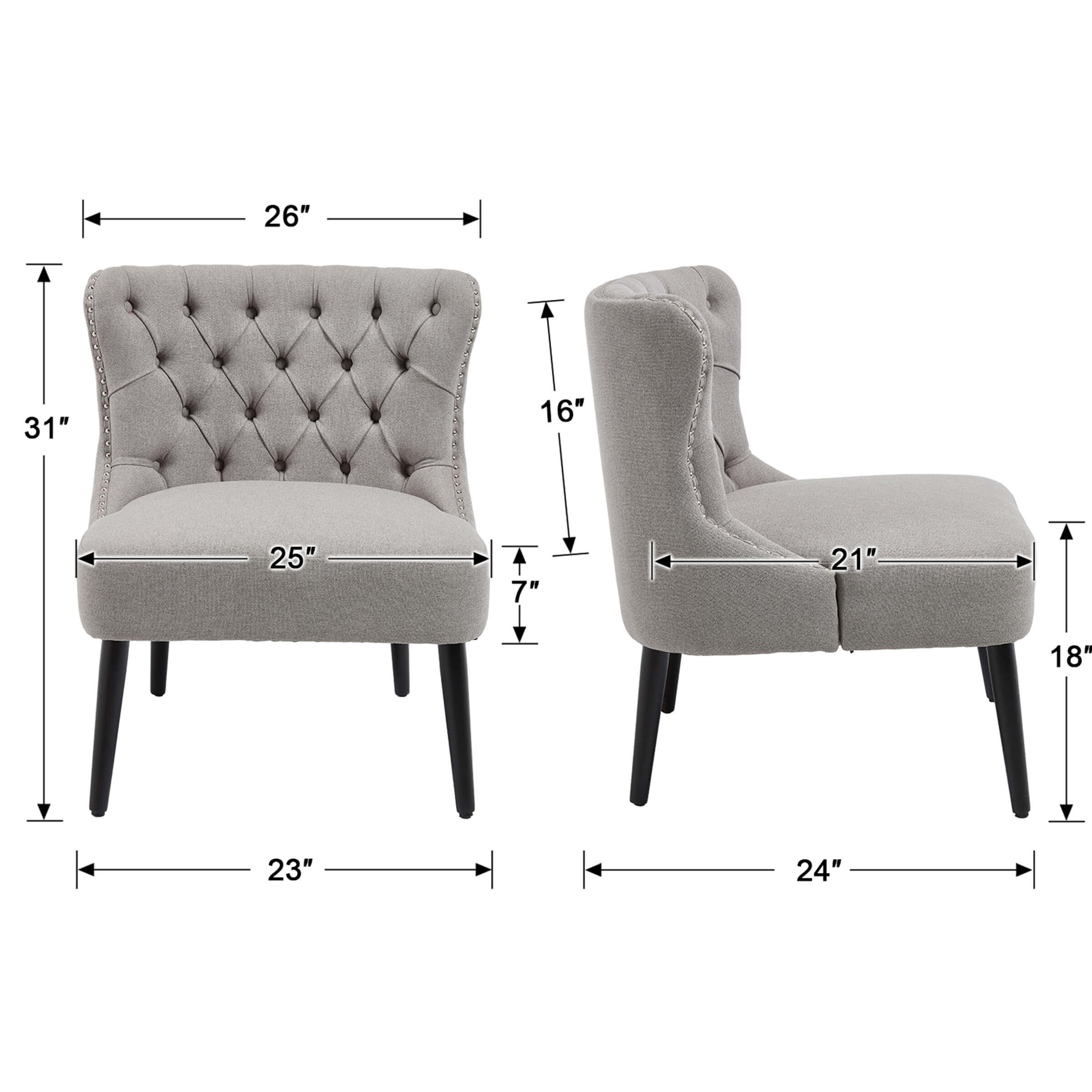 Dimensions diagram of slipper chair with measurements