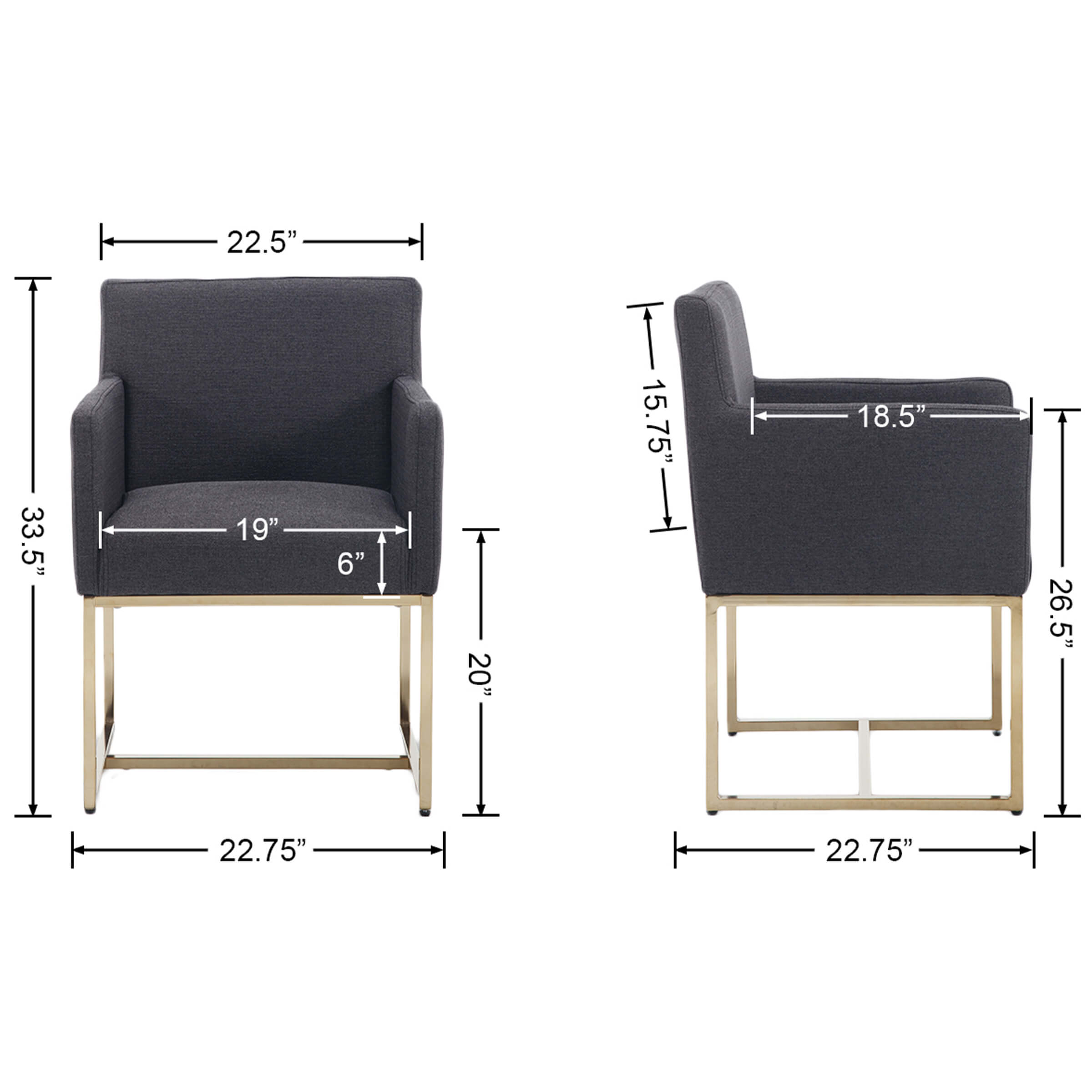 Dimensions diagram of a single armchair with front and side views