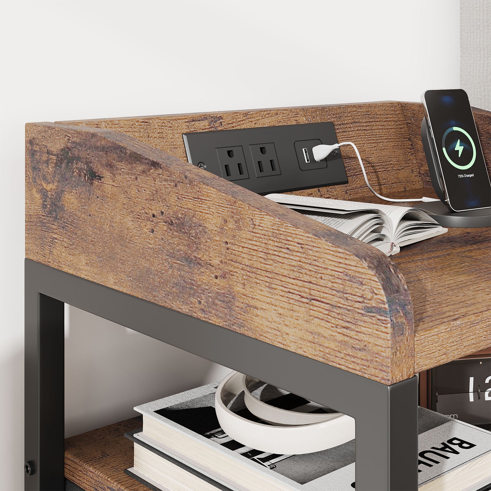 Modern Charging Nightstand with Light 3 Drawer Bedside Table End Chest