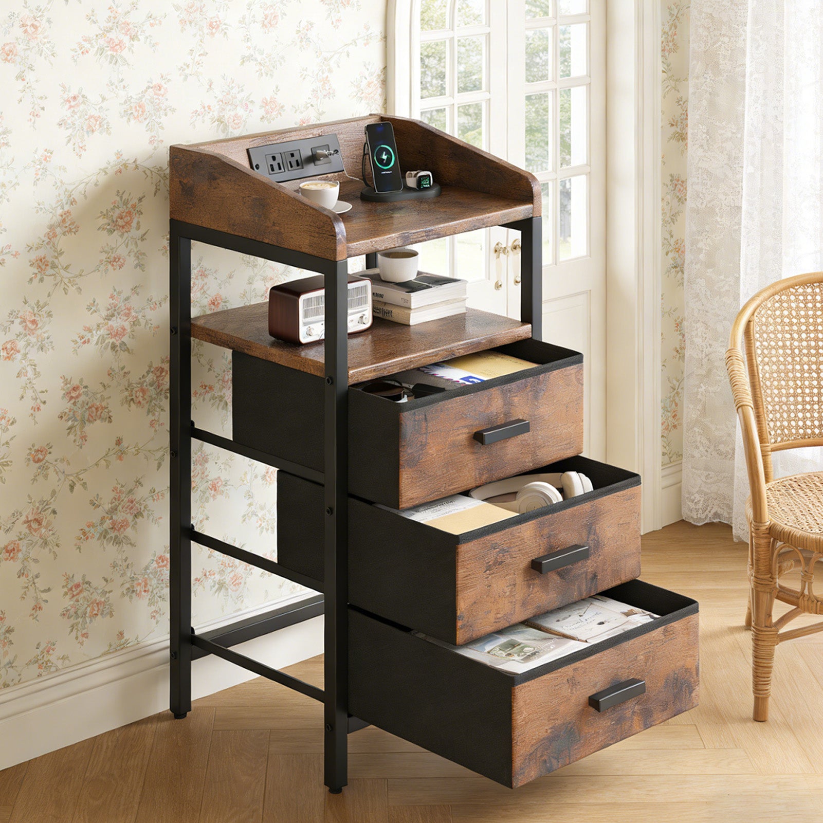 Modern Charging Nightstand with Light 3 Drawer Bedside Table End Chest