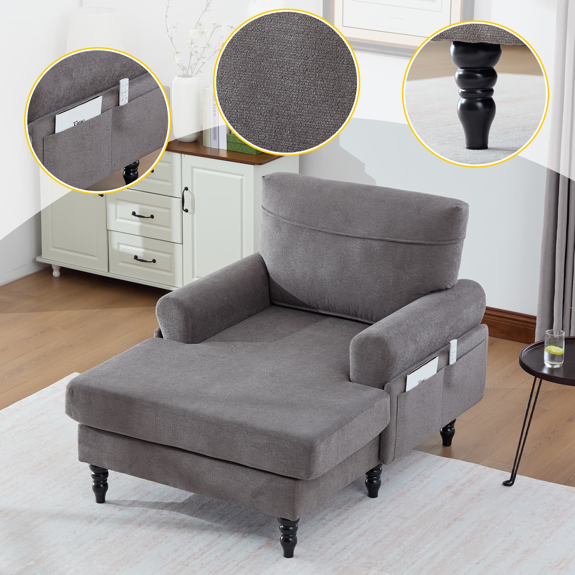 49.4" Chenille Accent Chair Chaise Lounge Wide Cushion Lounger