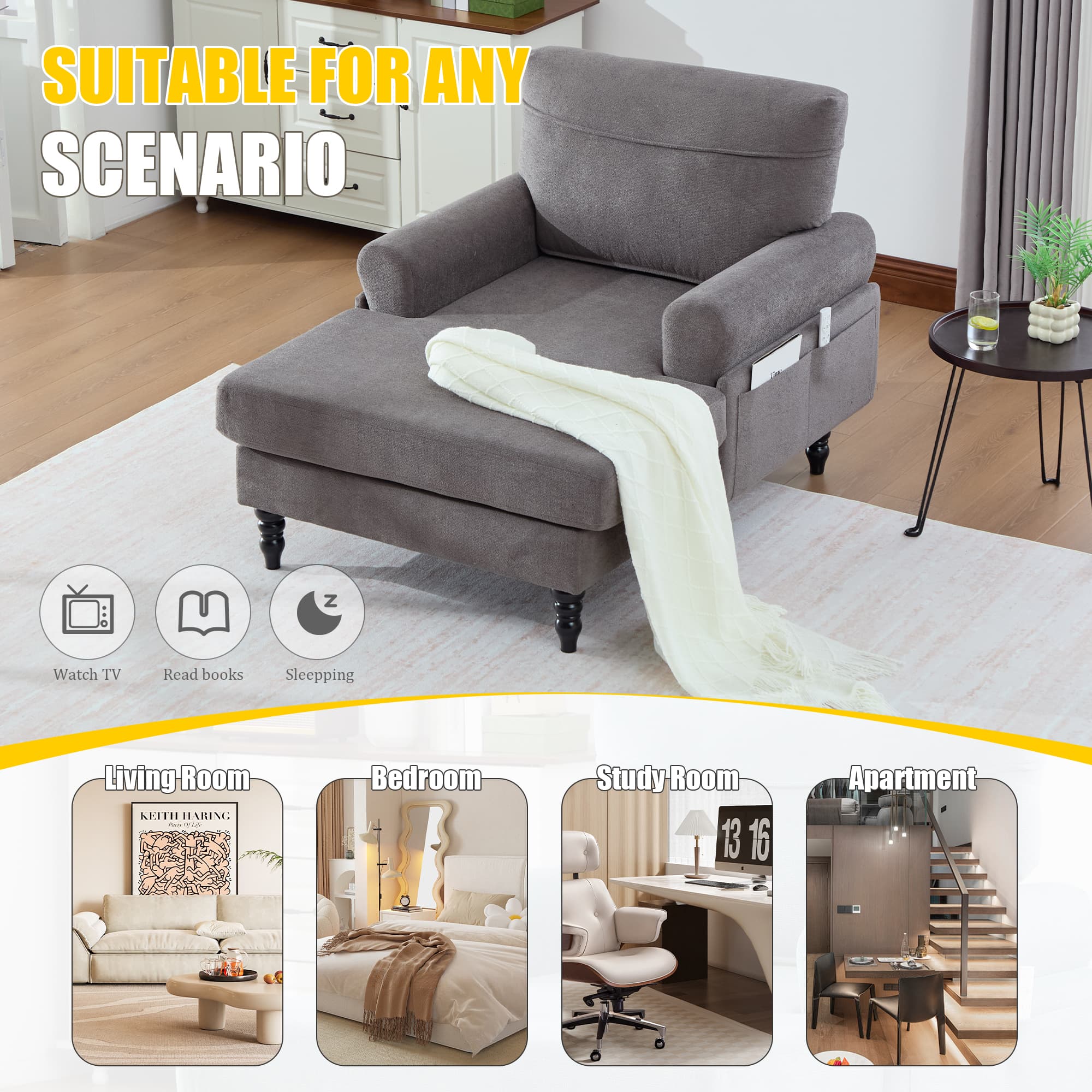 49.4" Chenille Accent Chair Chaise Lounge Wide Cushion Lounger