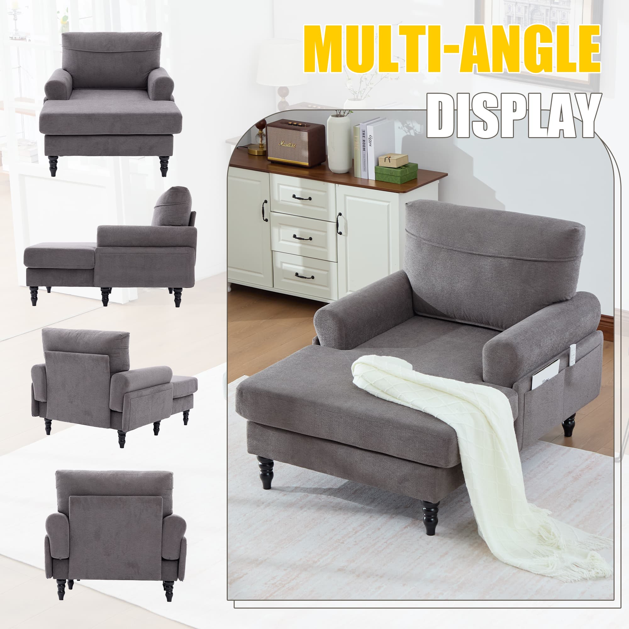 49.4" Chenille Accent Chair Chaise Lounge Wide Cushion Lounger