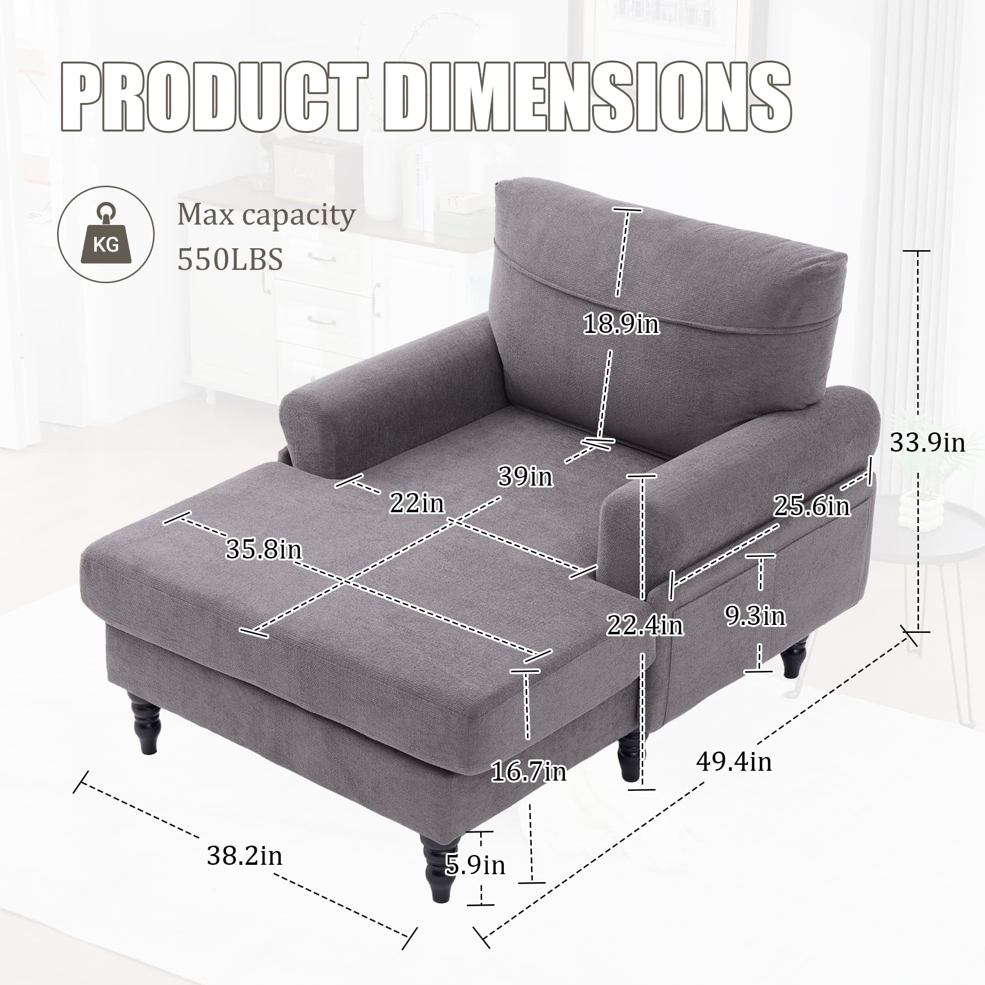 49.4" Chenille Accent Chair Chaise Lounge Wide Cushion Lounger