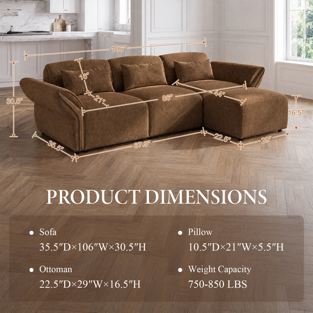 Chenille Modular Sectional Sofa with Deep Seats and Ottoman
