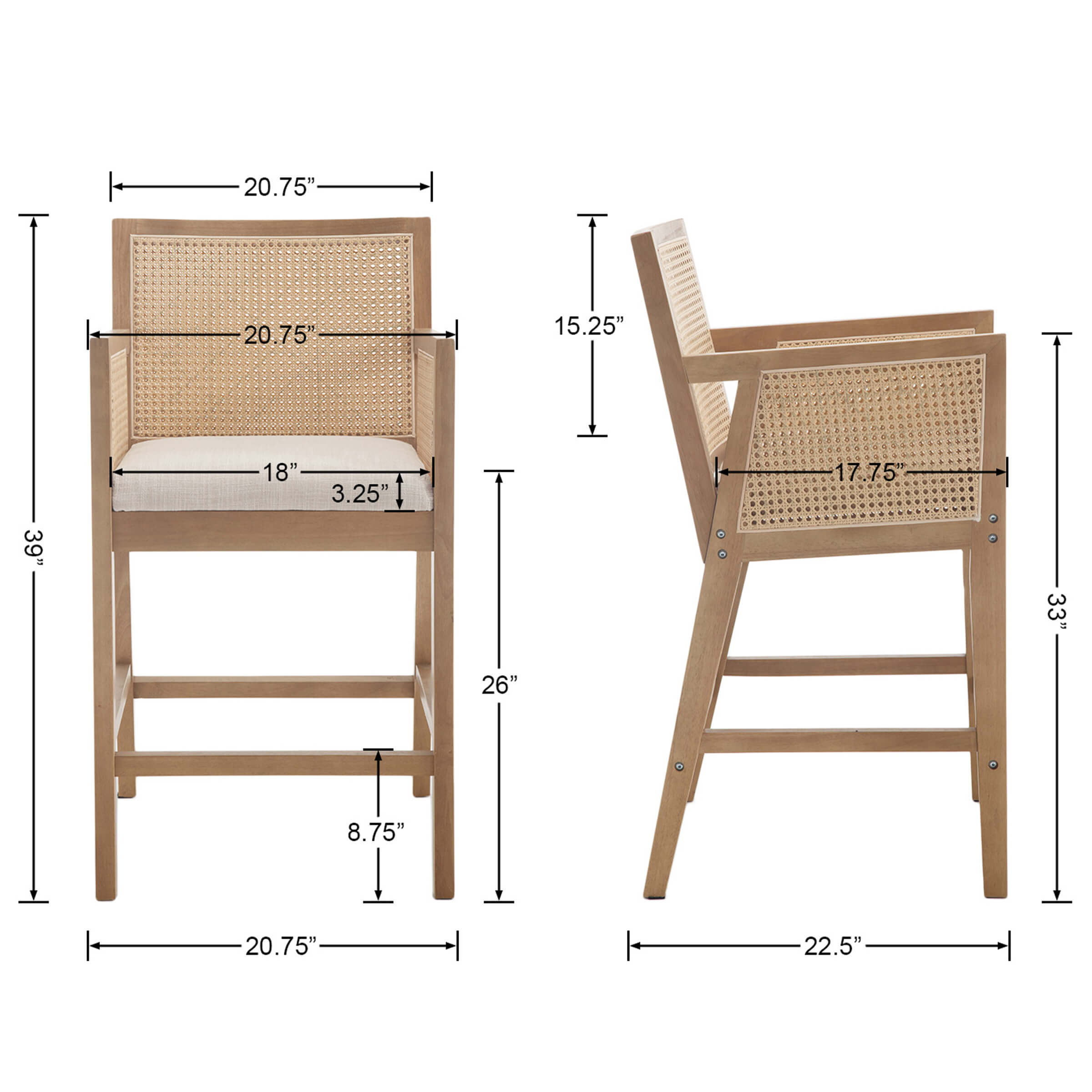 EALSON Farmhouse Rattan Counter Height Bar Stools Set of 2 - 5766CS