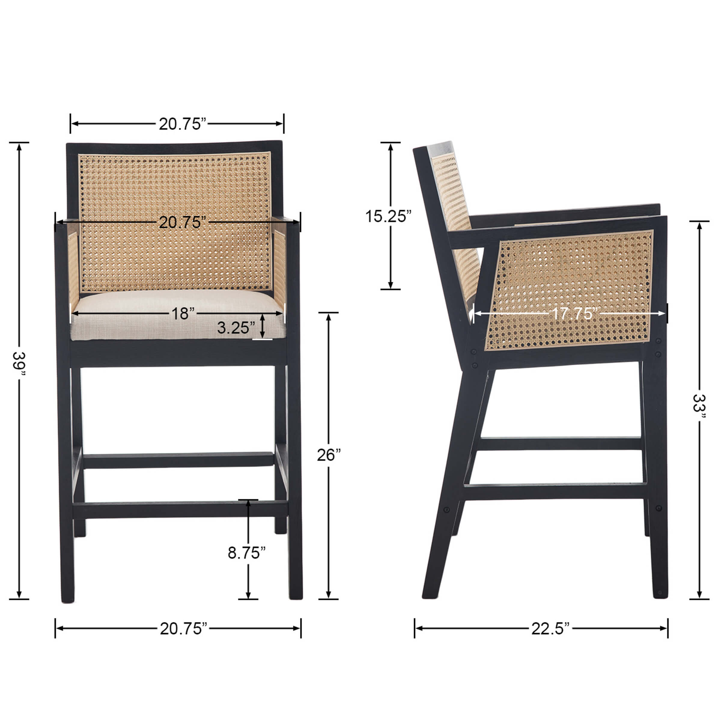 EALSON Farmhouse Rattan Counter Height Bar Stools Set of 2 - 5766CS
