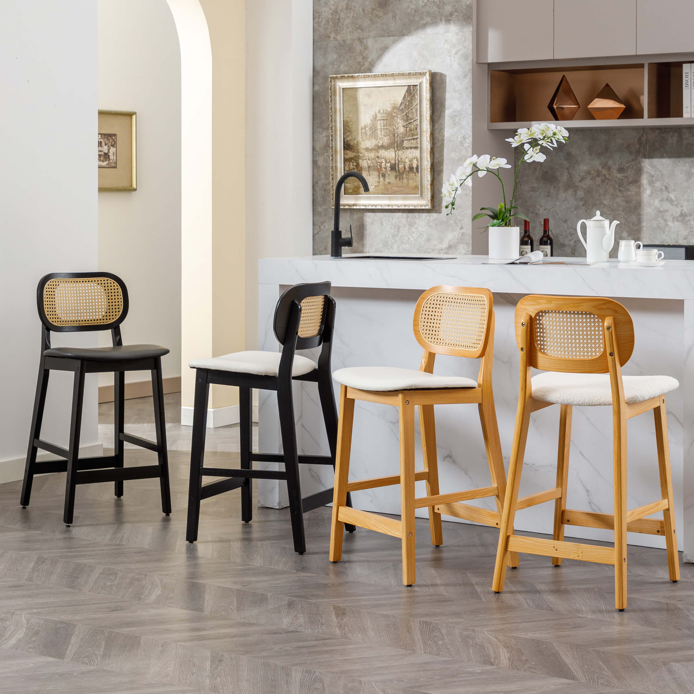 VESCASA 26"H Farmhouse Rattan Back Counter Stools Set of 2 - 5026CS