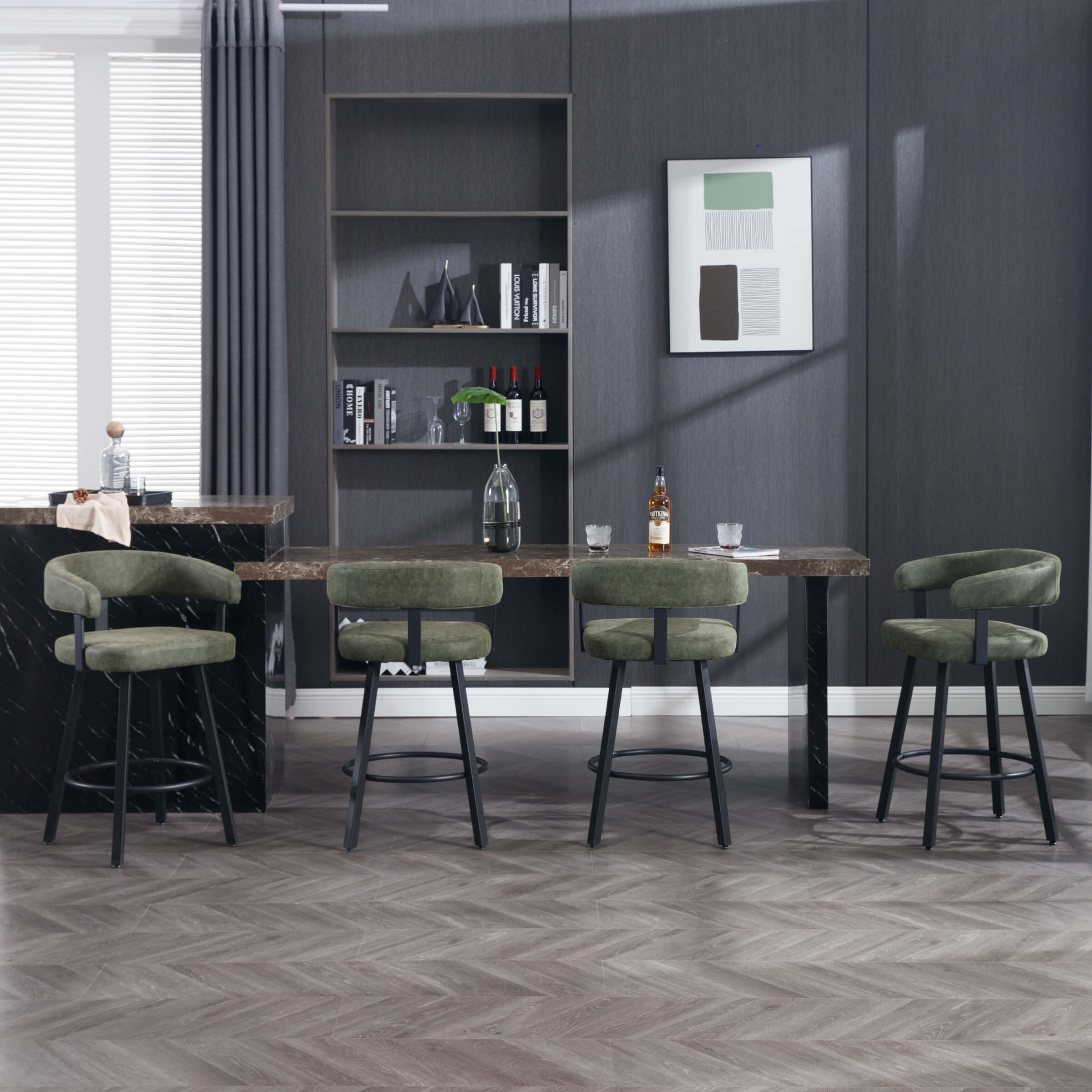 Bar stools arranged along a marble-top kitchen island