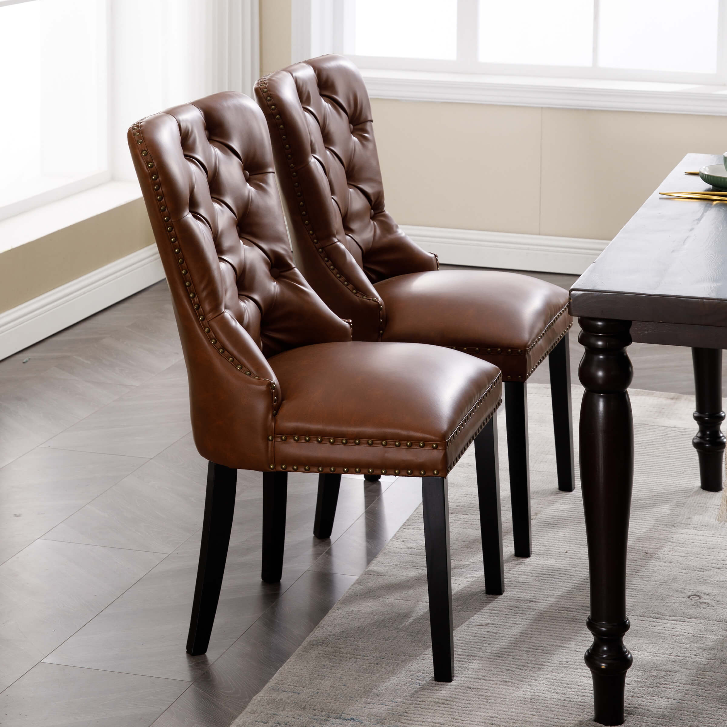 Modern Tufted Nailhead Faux Leather Dining Chairs Set of 2 - 1029DC