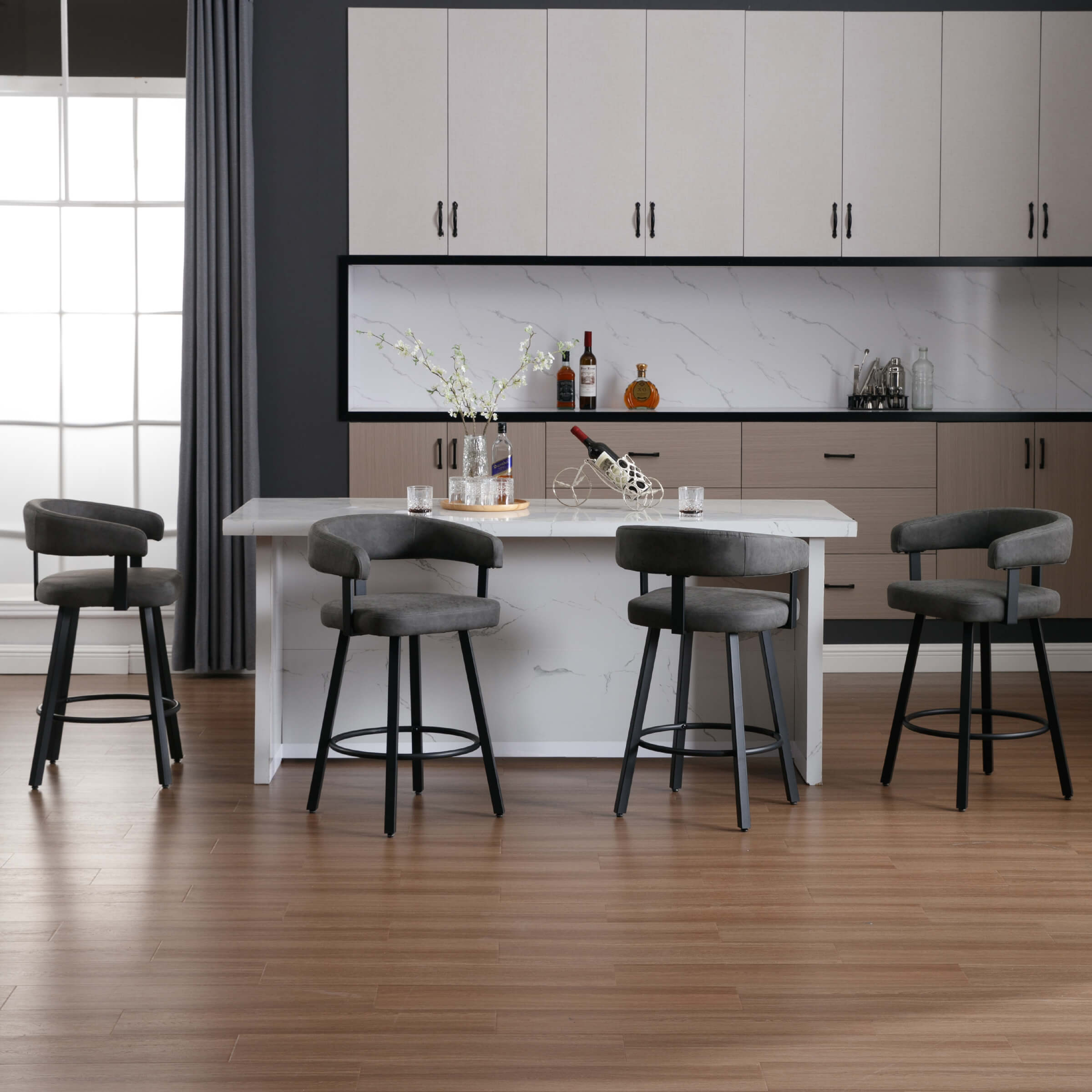 Set of bar stools around kitchen island