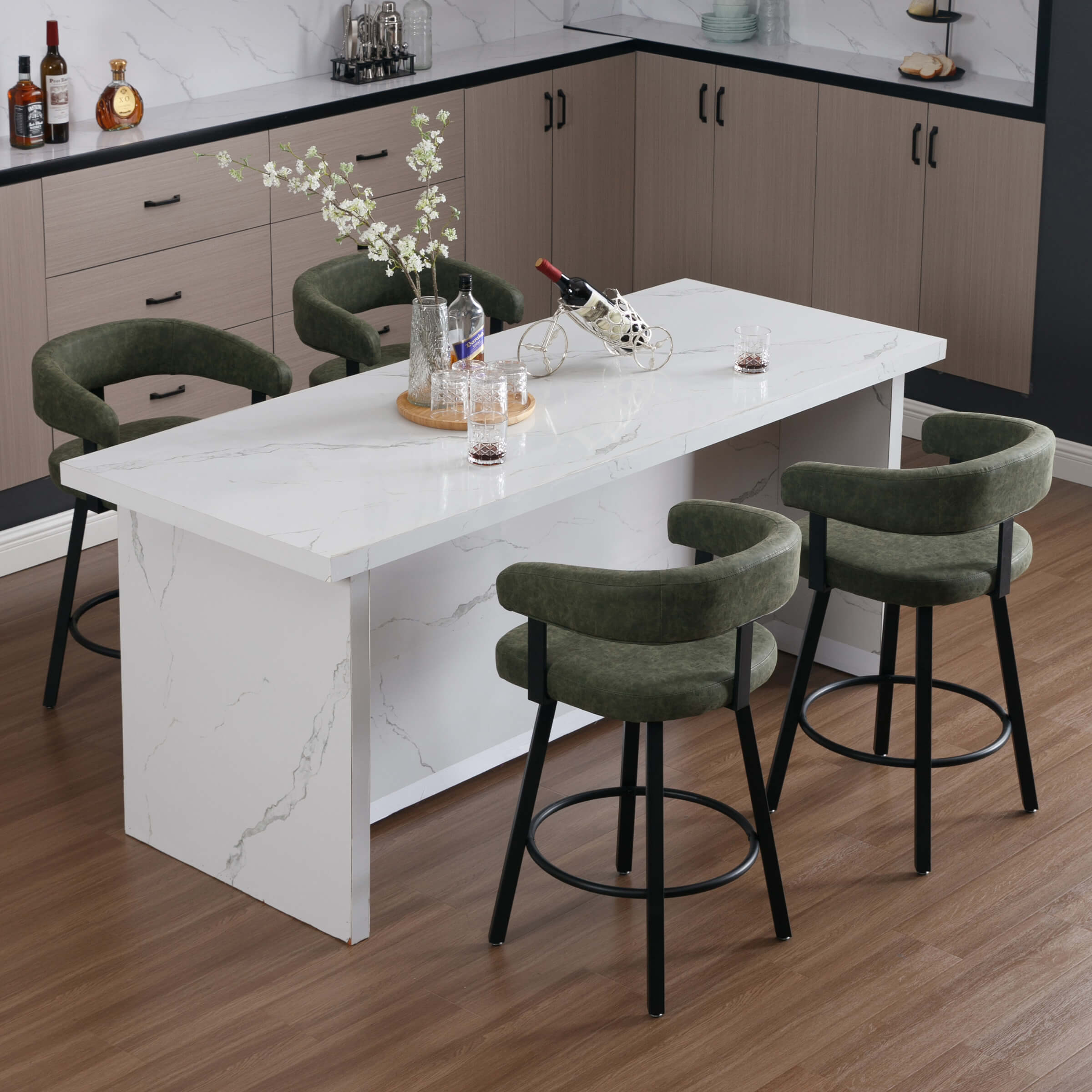 Bar stools around white marble island in modern kitchen