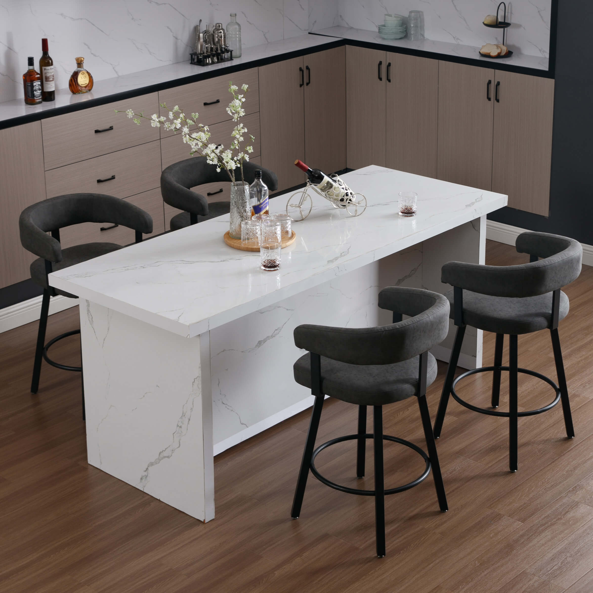 Bar stools around marble kitchen island