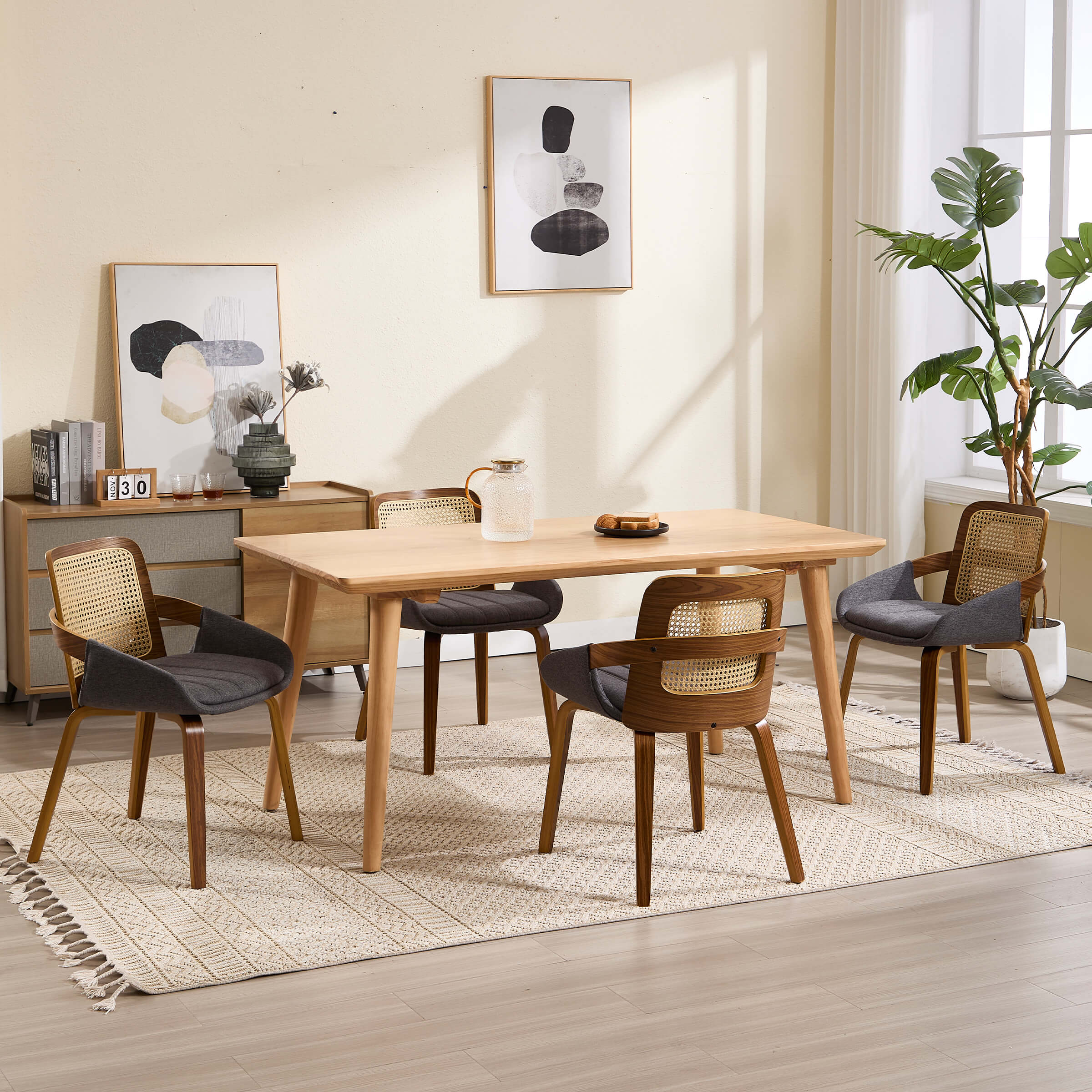 Dining table with chairs and plants in living room