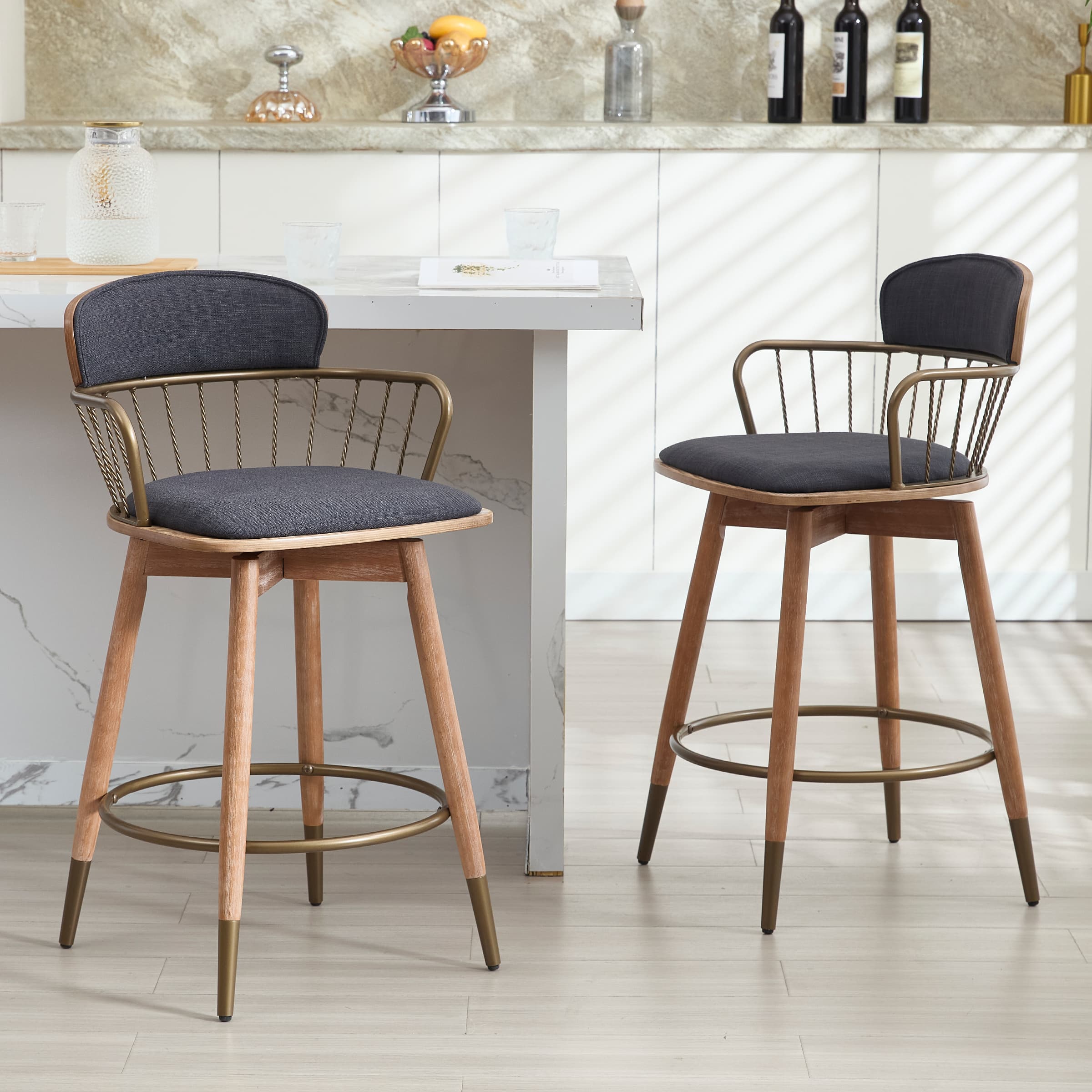 EALSON Swivel Natural Legs Counter Height Bar Stools Set of 2 -3115CS