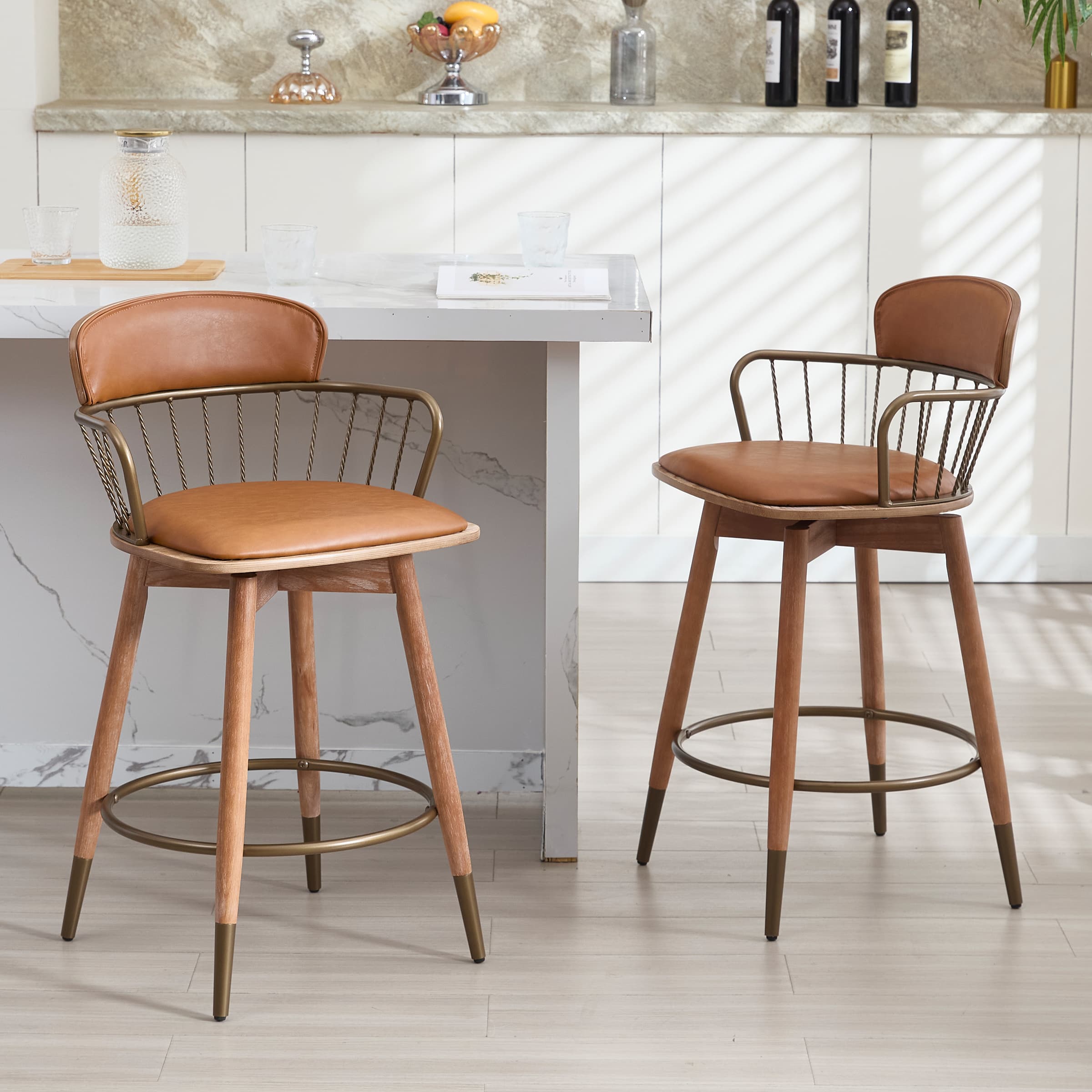 EALSON Swivel Natural Legs Counter Height Bar Stools Set of 2 -3115CS