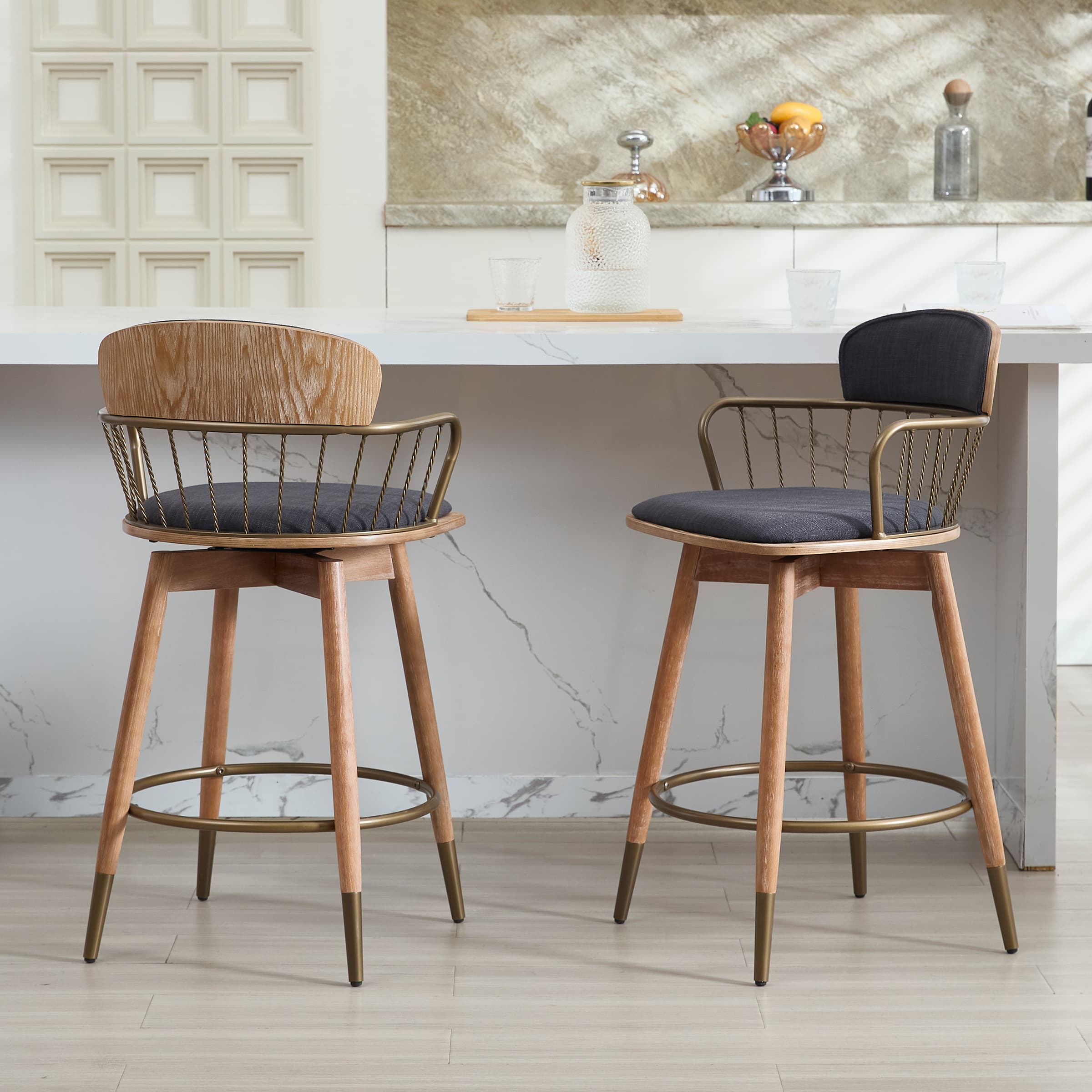 EALSON Swivel Natural Legs Counter Height Bar Stools Set of 2 -3115CS