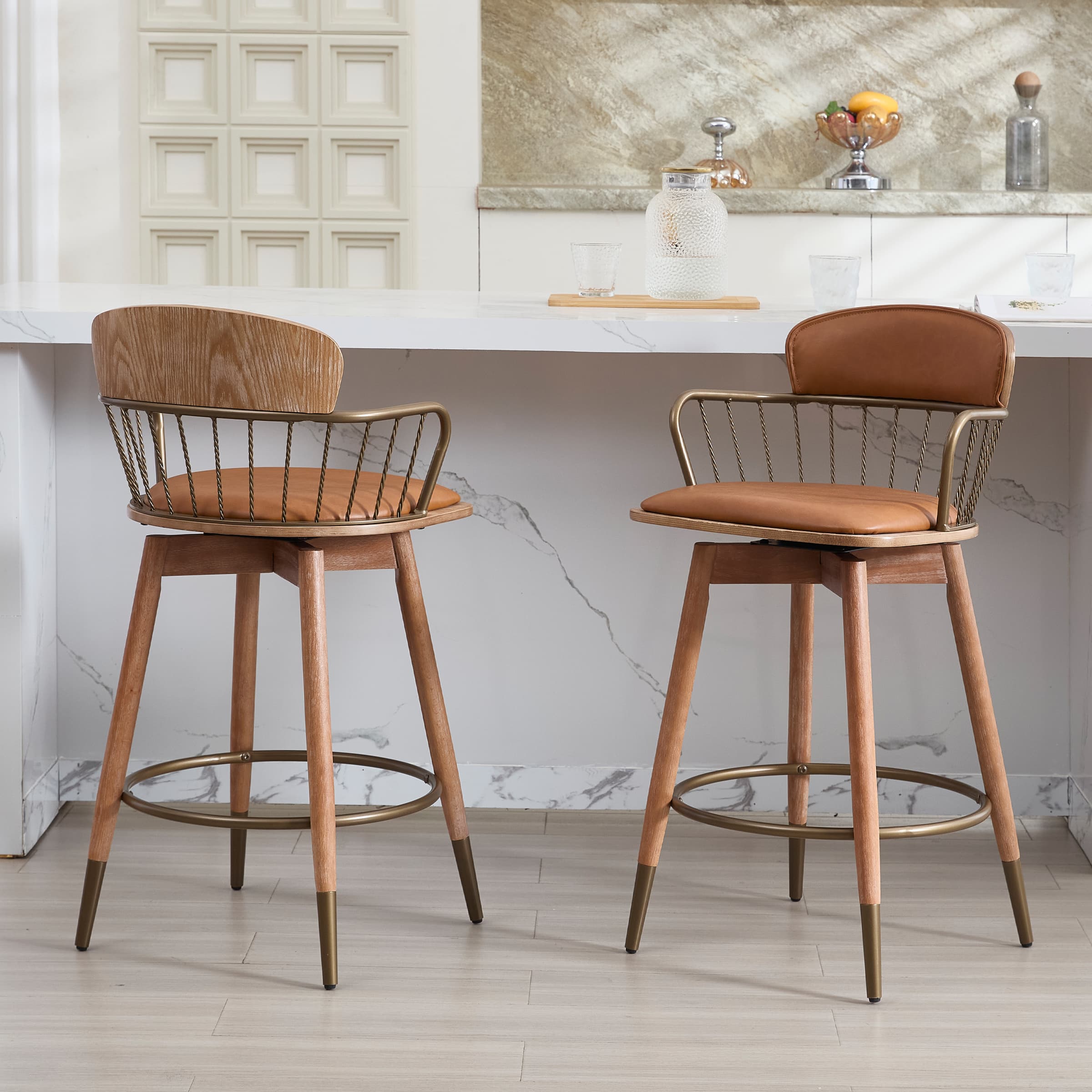 EALSON Swivel Natural Legs Counter Height Bar Stools Set of 2 -3115CS