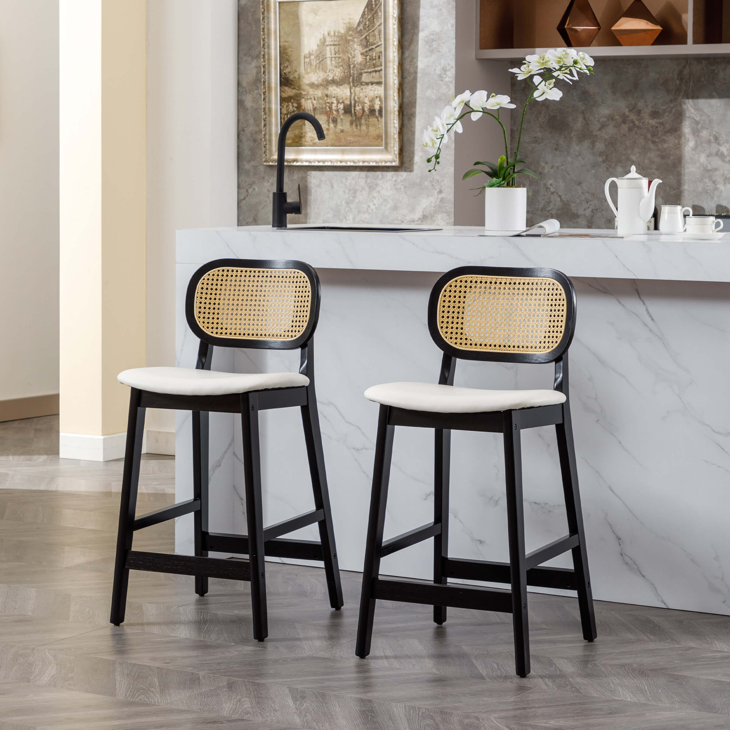 EALSON Farmhouse Rattan Back Counter Height Bar Stools Set of 2 - 5026