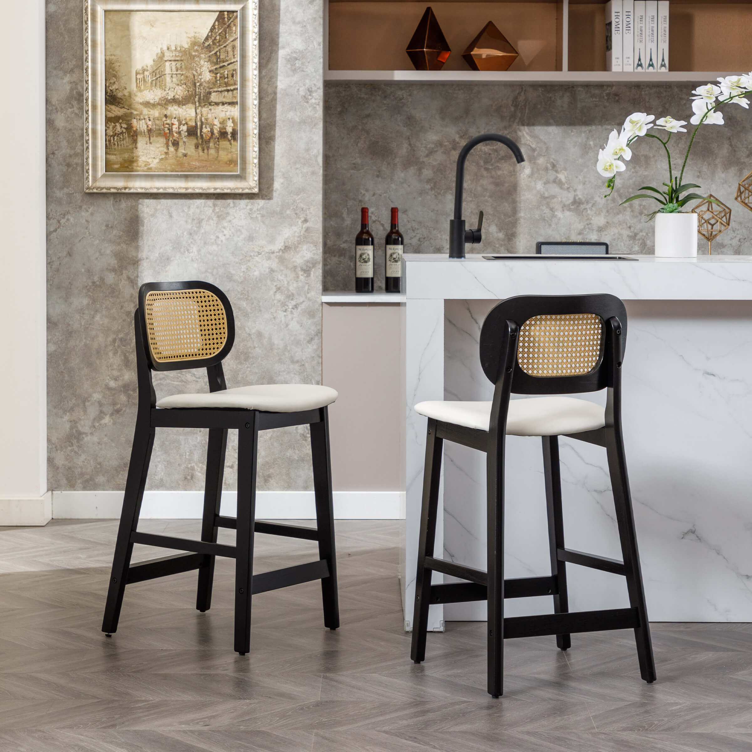 EALSON Farmhouse Rattan Back Counter Height Bar Stools Set of 2 - 5026