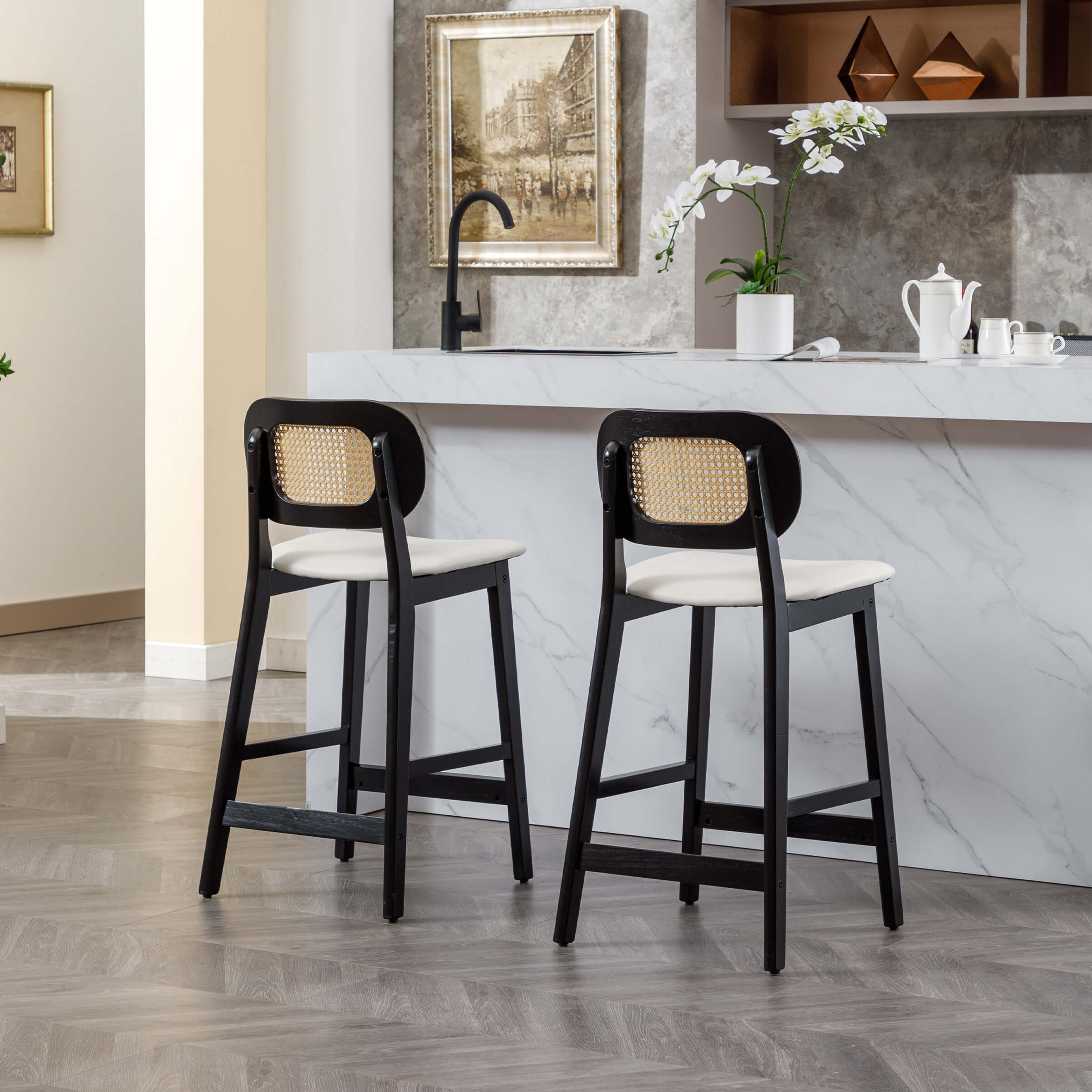 EALSON Farmhouse Rattan Back Counter Height Bar Stools Set of 2 - 5026