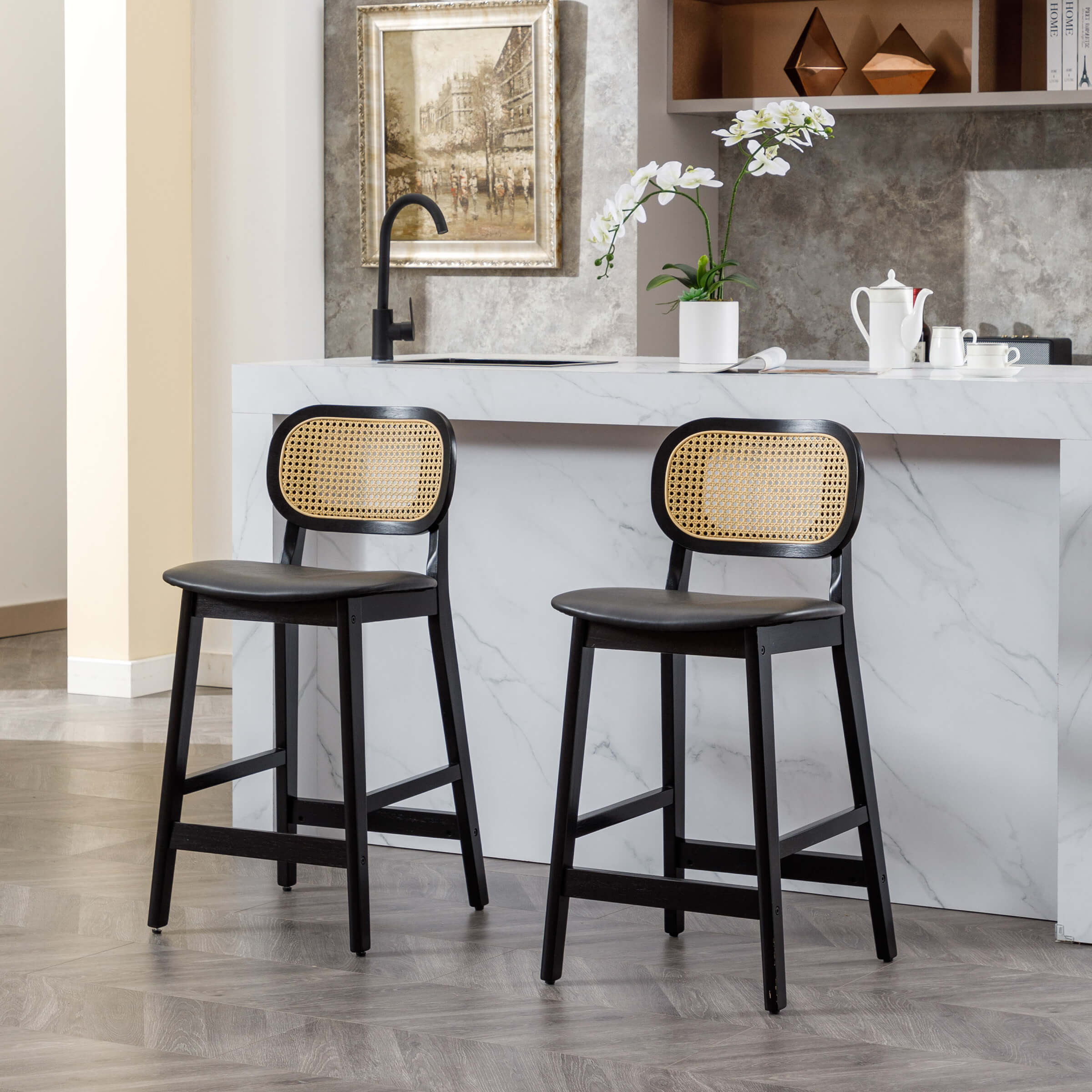 EALSON Farmhouse Rattan Back Counter Height Bar Stools Set of 2 - 5026