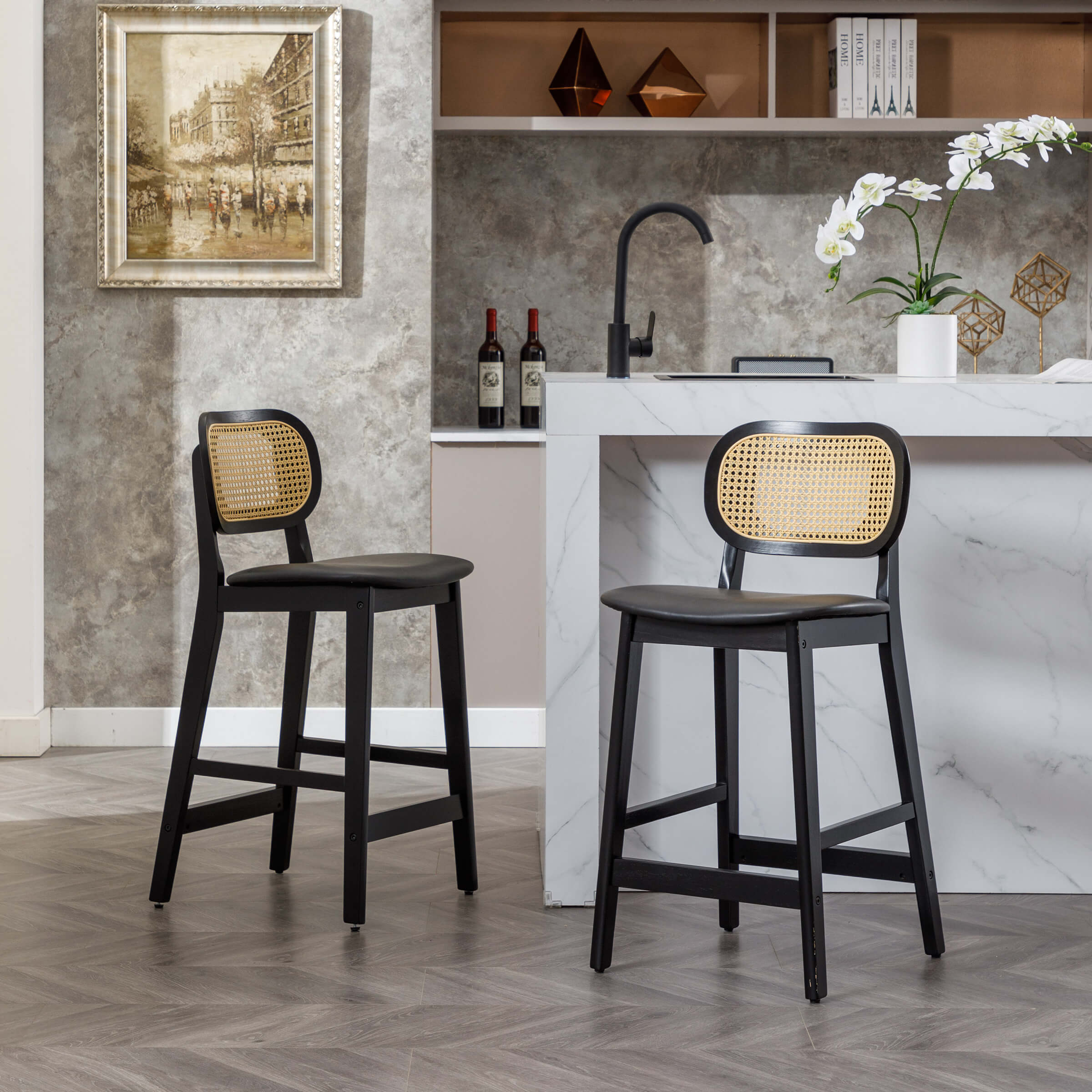 EALSON Farmhouse Rattan Back Counter Height Bar Stools Set of 2 - 5026