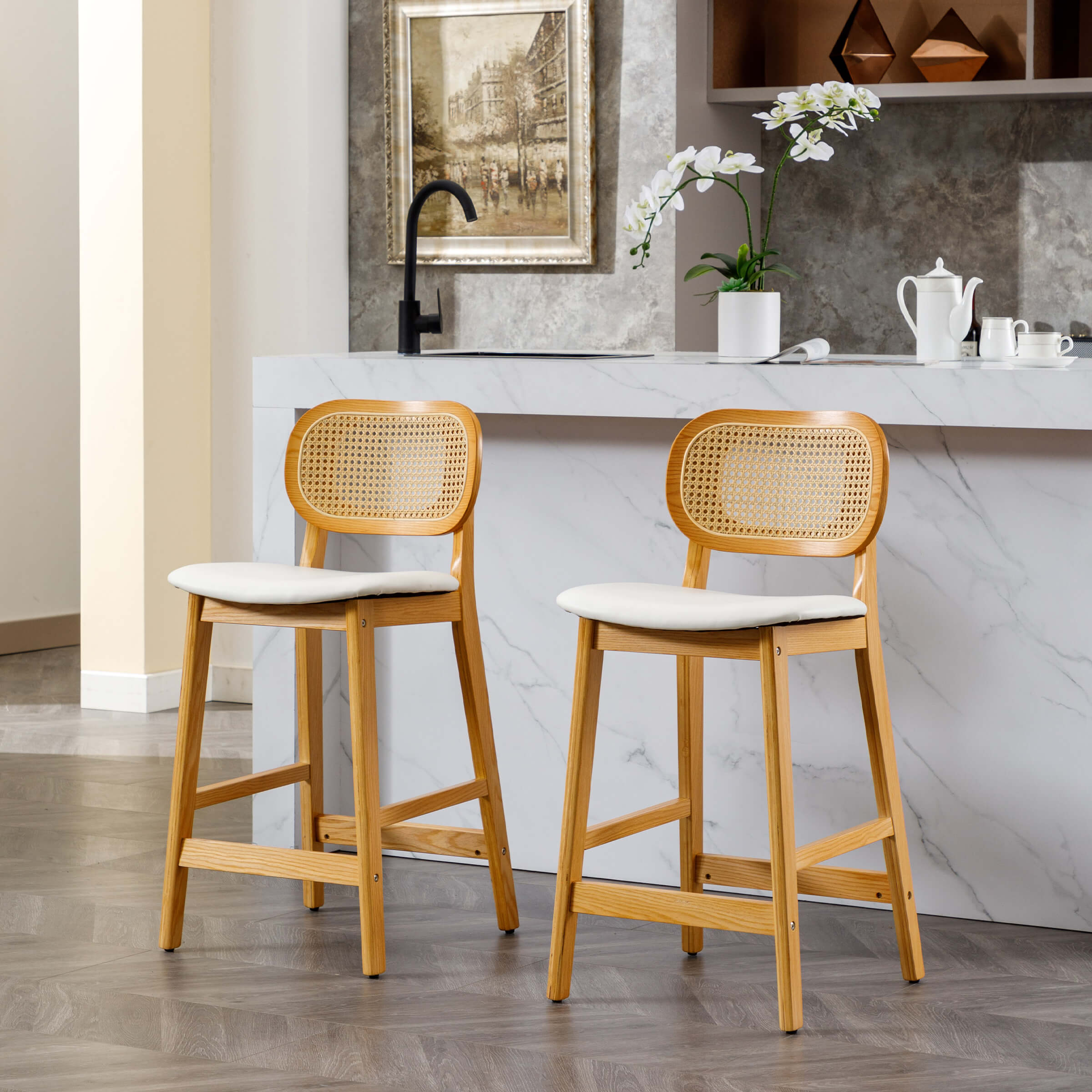 EALSON Farmhouse Rattan Back Counter Height Bar Stools Set of 2 - 5026