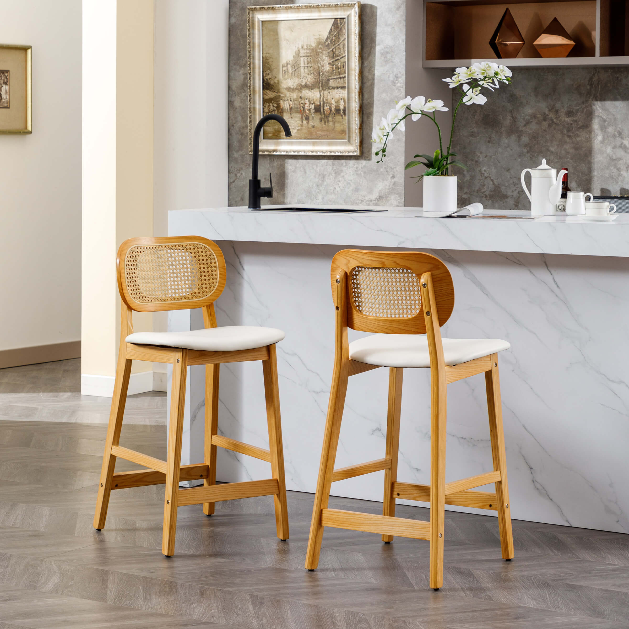 EALSON Farmhouse Rattan Back Counter Height Bar Stools Set of 2 - 5026
