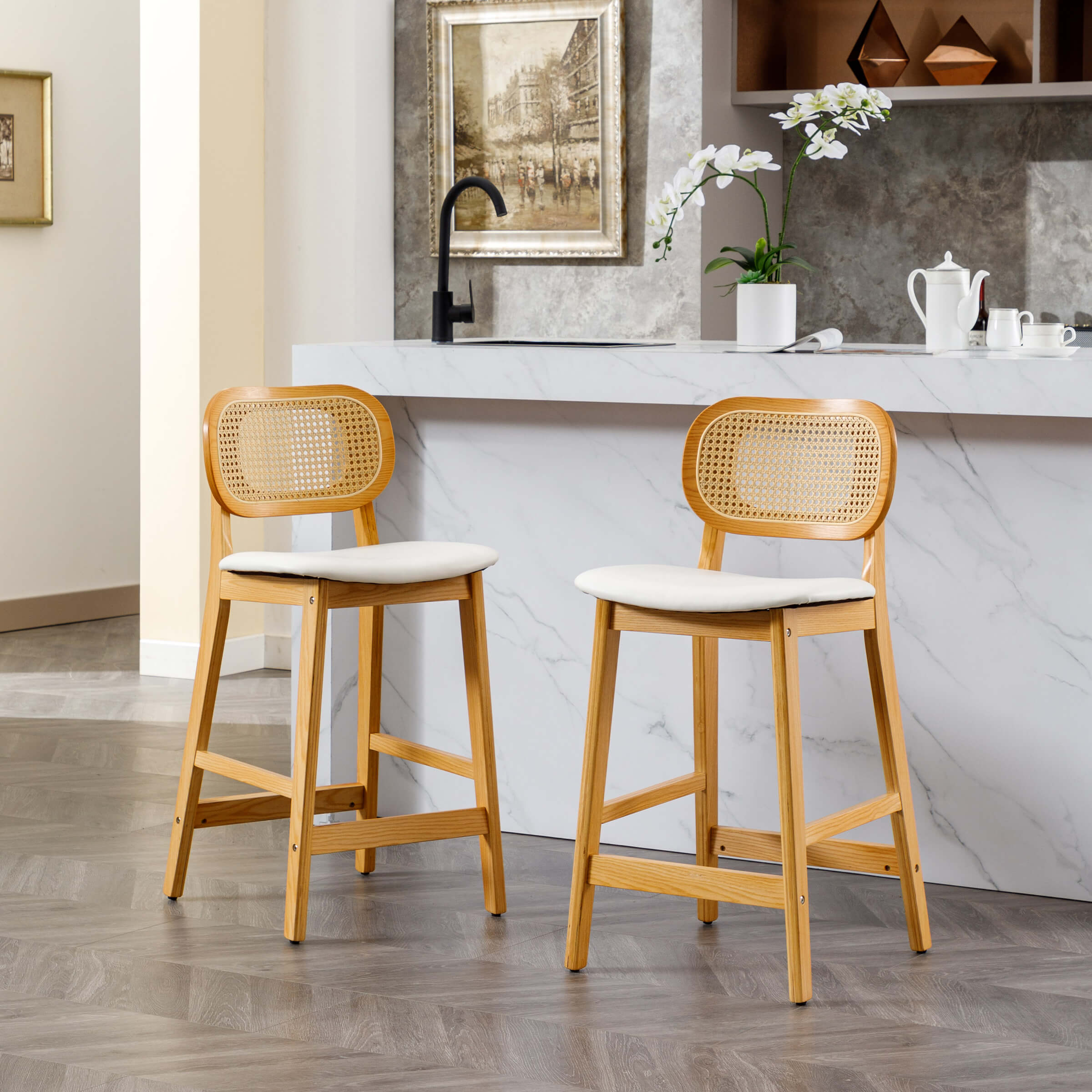 EALSON Farmhouse Rattan Back Counter Height Bar Stools Set of 2 - 5026