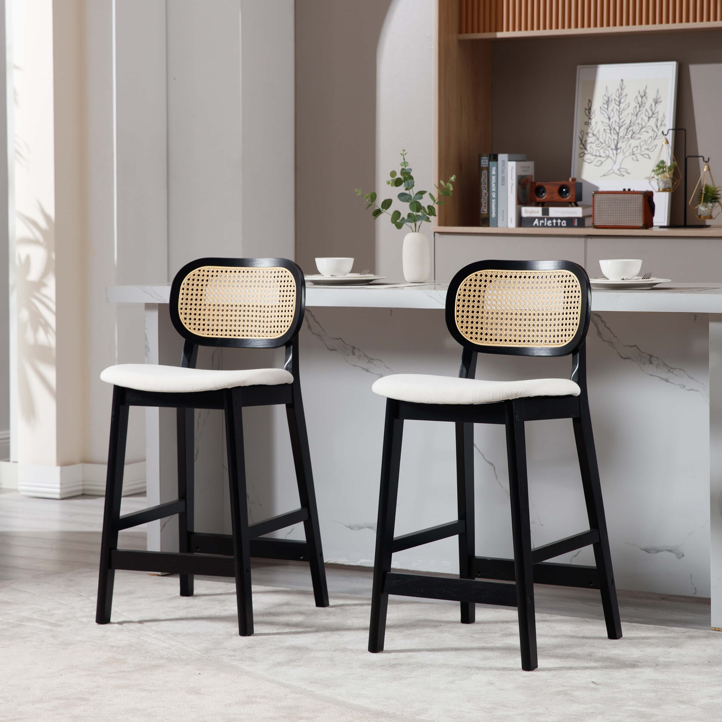 EALSON Farmhouse Rattan Back Counter Height Bar Stools Set of 2 - 5026