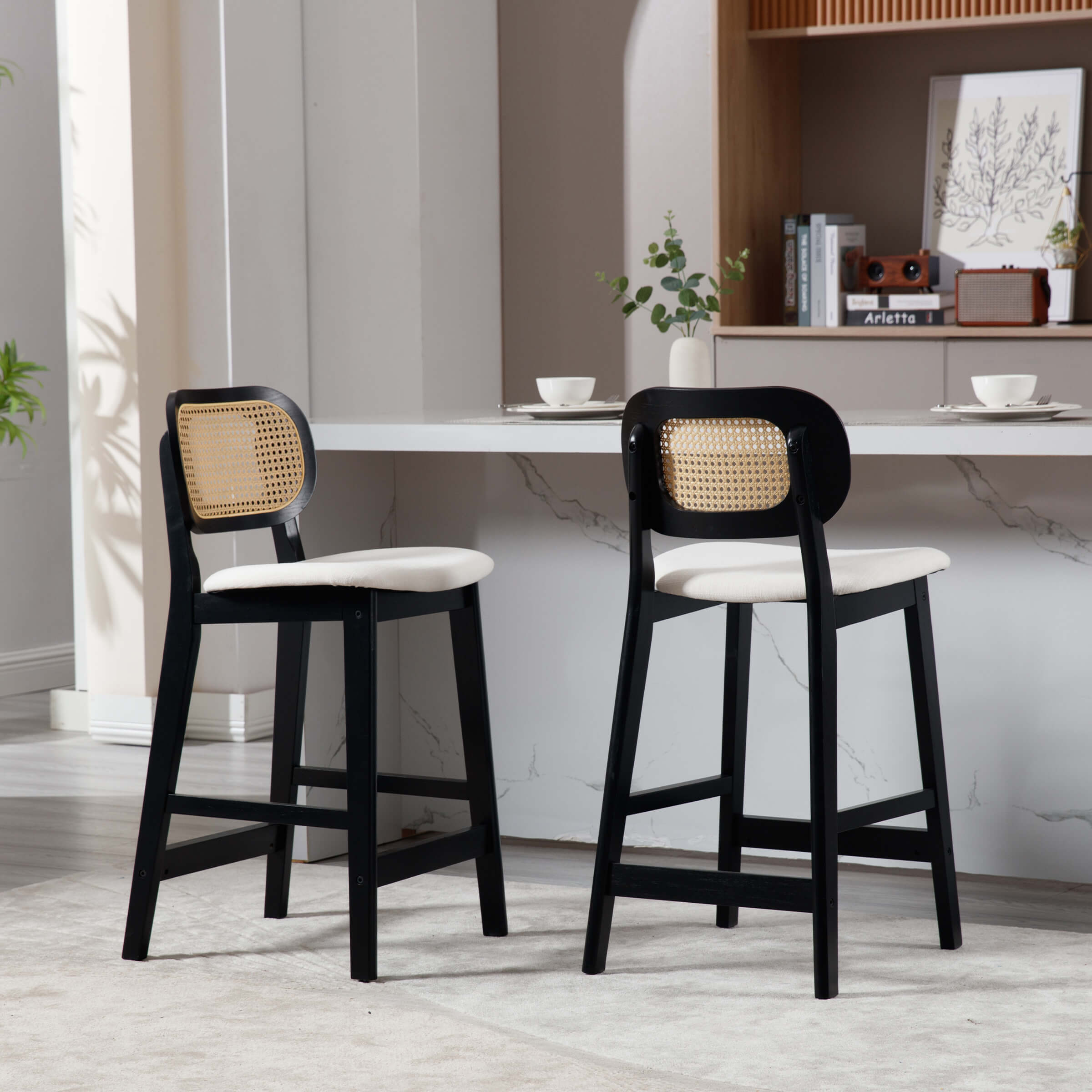 EALSON Farmhouse Rattan Back Counter Height Bar Stools Set of 2 - 5026