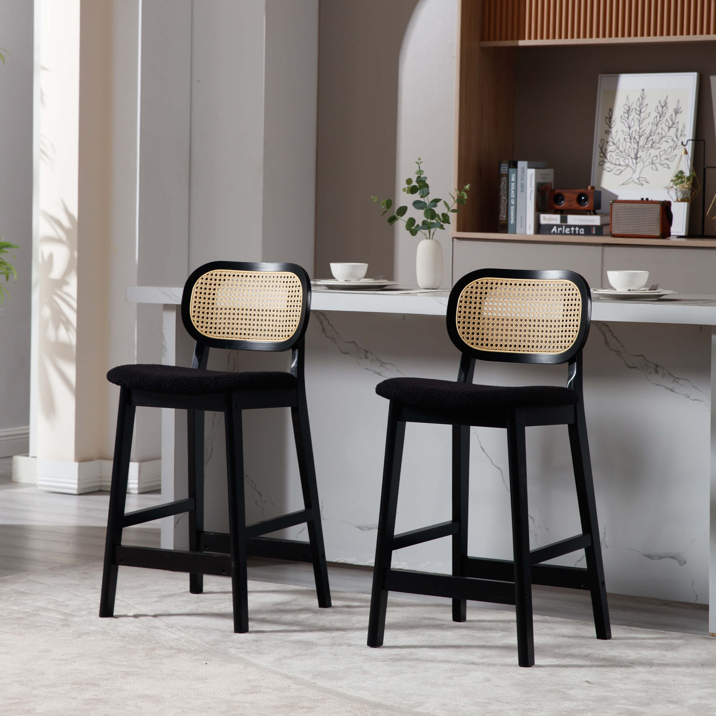 EALSON Farmhouse Rattan Back Counter Height Bar Stools Set of 2 - 5026