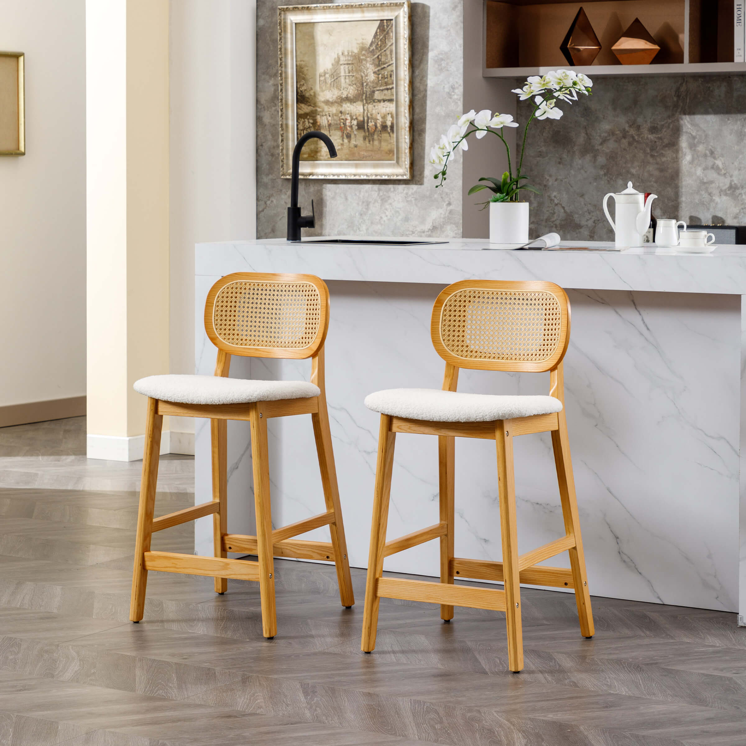 EALSON Farmhouse Rattan Back Counter Height Bar Stools Set of 2 - 5026
