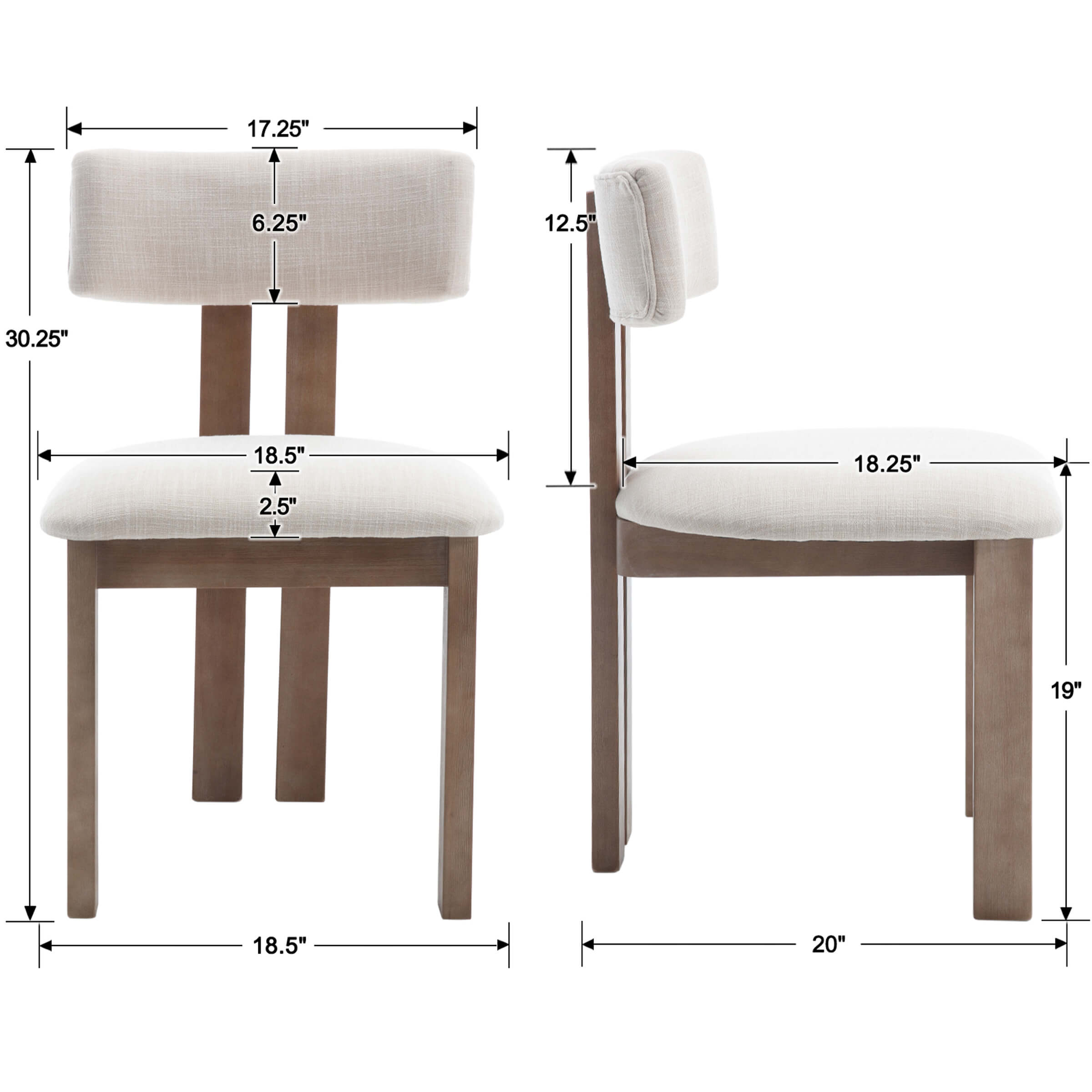 Dimensions diagram of chair front and side views