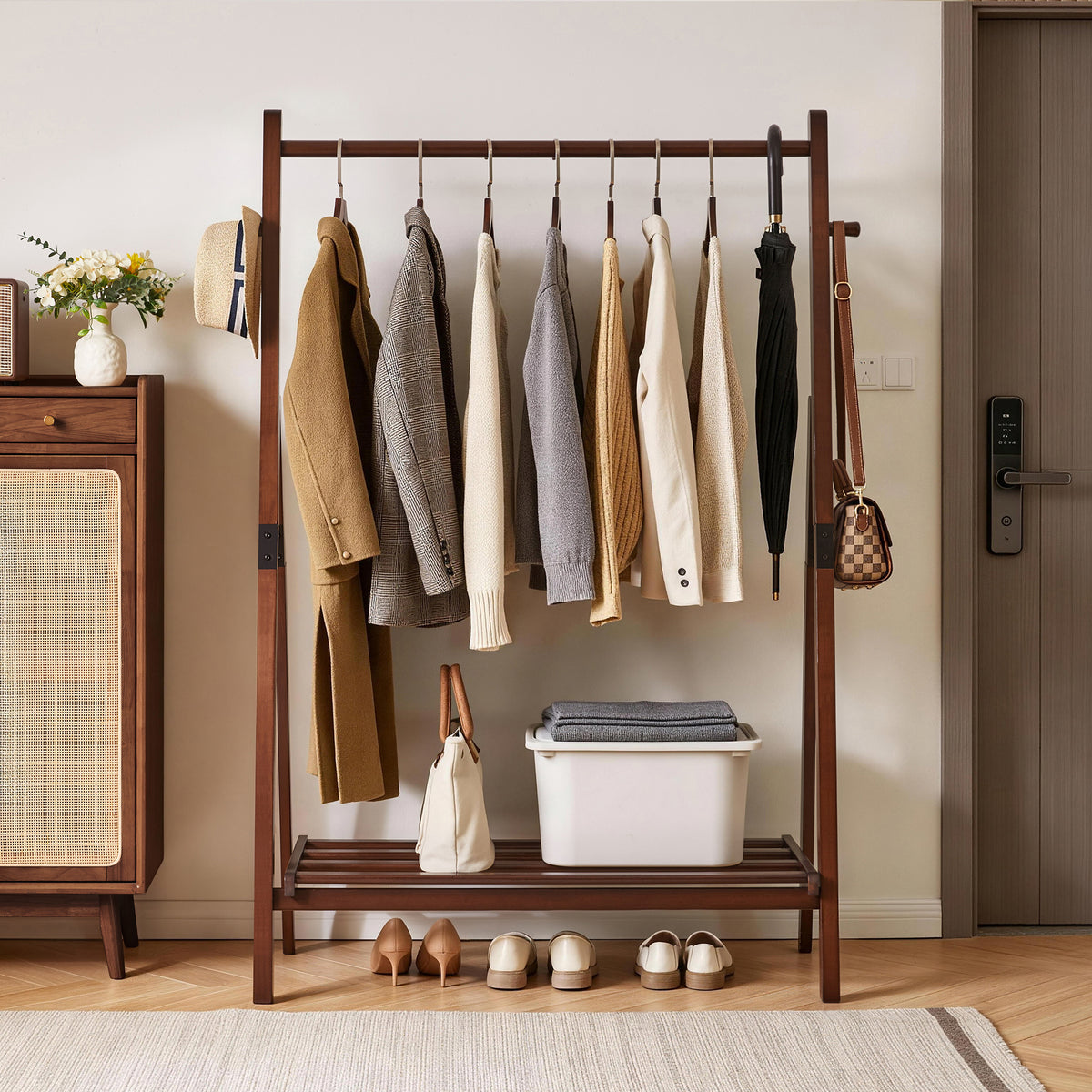 Foldable A-Shaped Solid Pine Clothes Rack with Shelf and Hooks