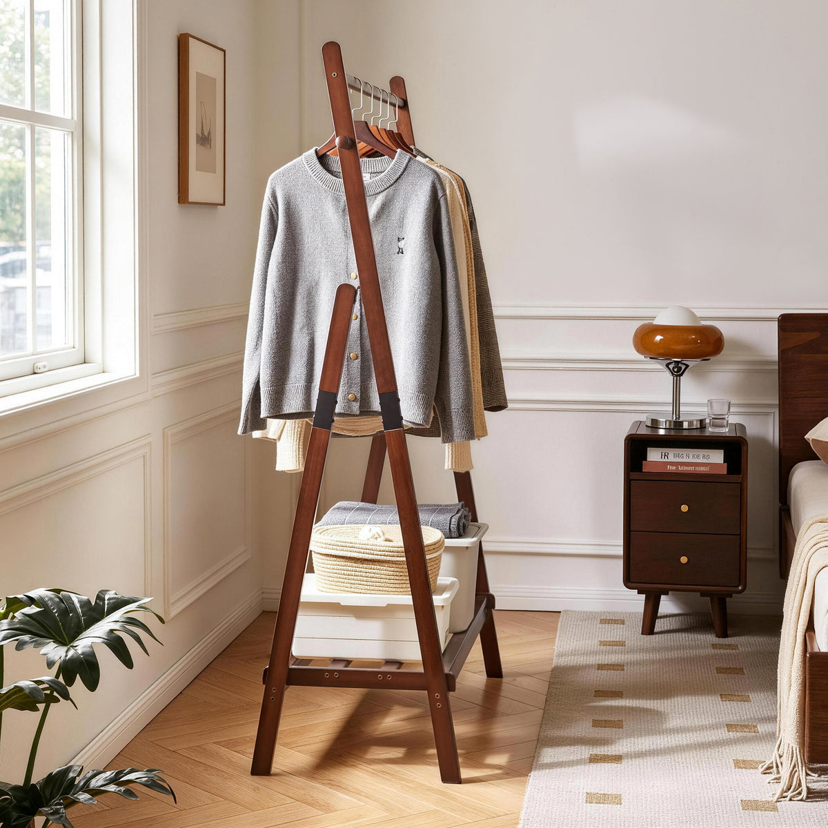 Foldable A-Shaped Solid Pine Clothes Rack with Shelf and Hooks