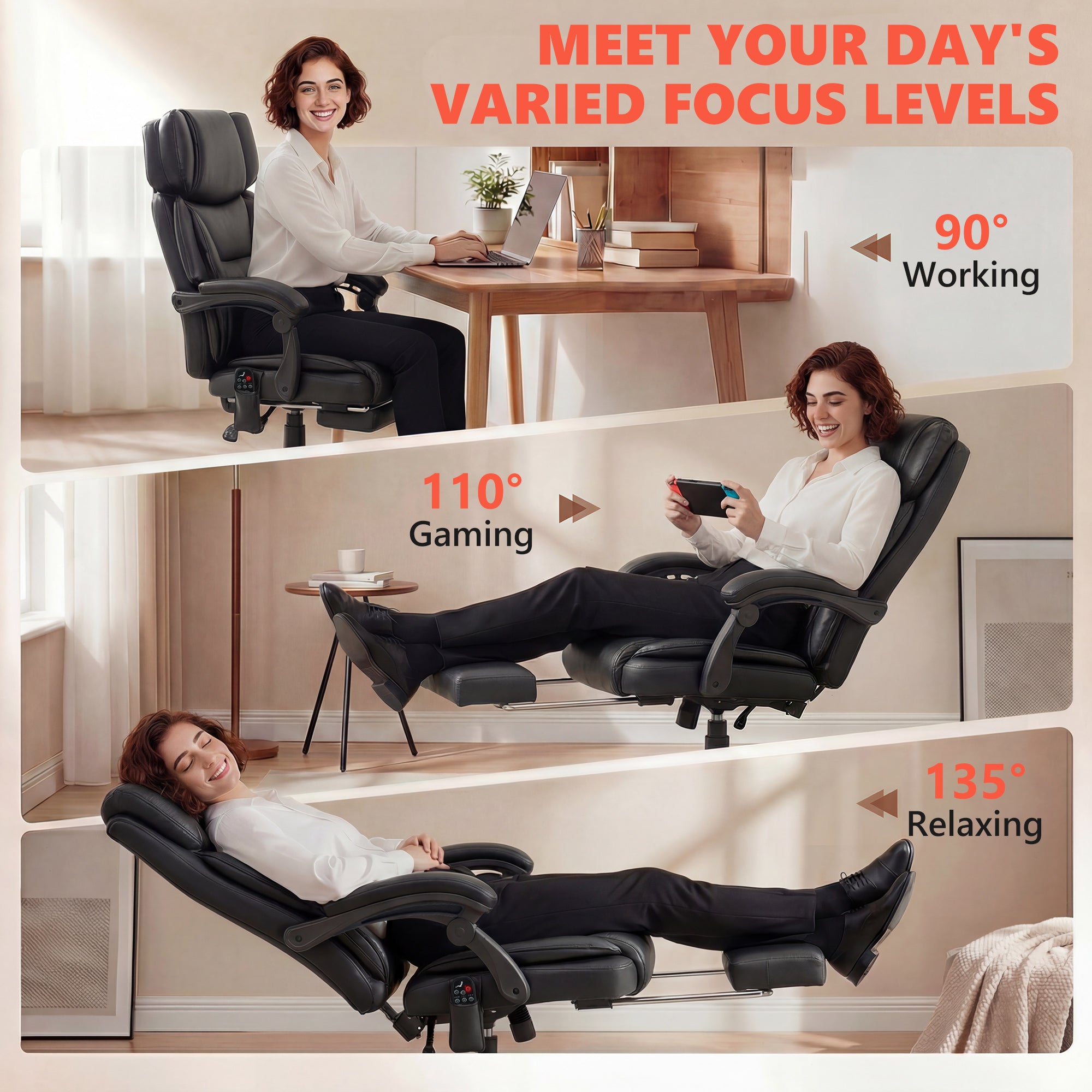 High Back Massage Office Chair with Footrest & Heat Function