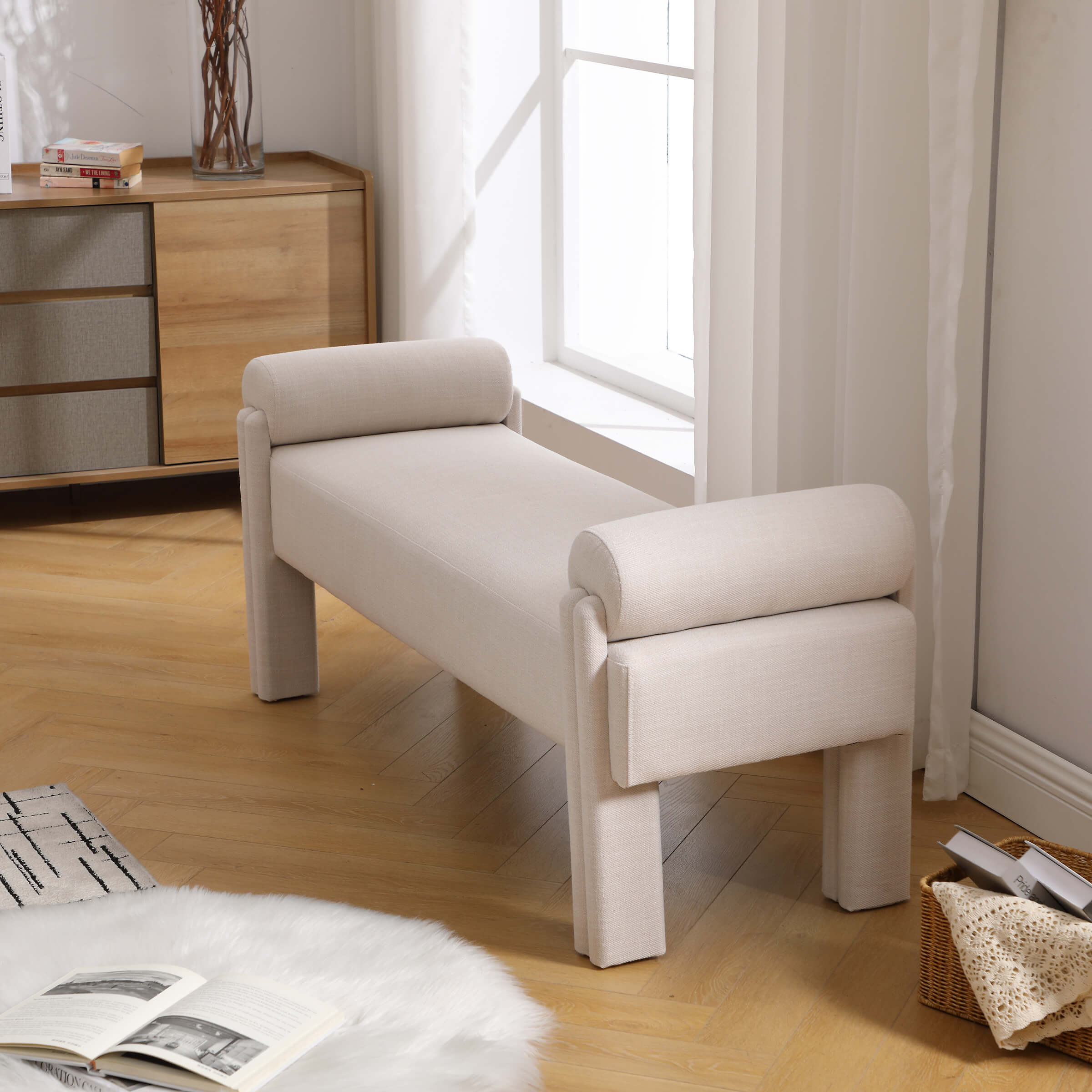 End of bed bench in a bedroom scene