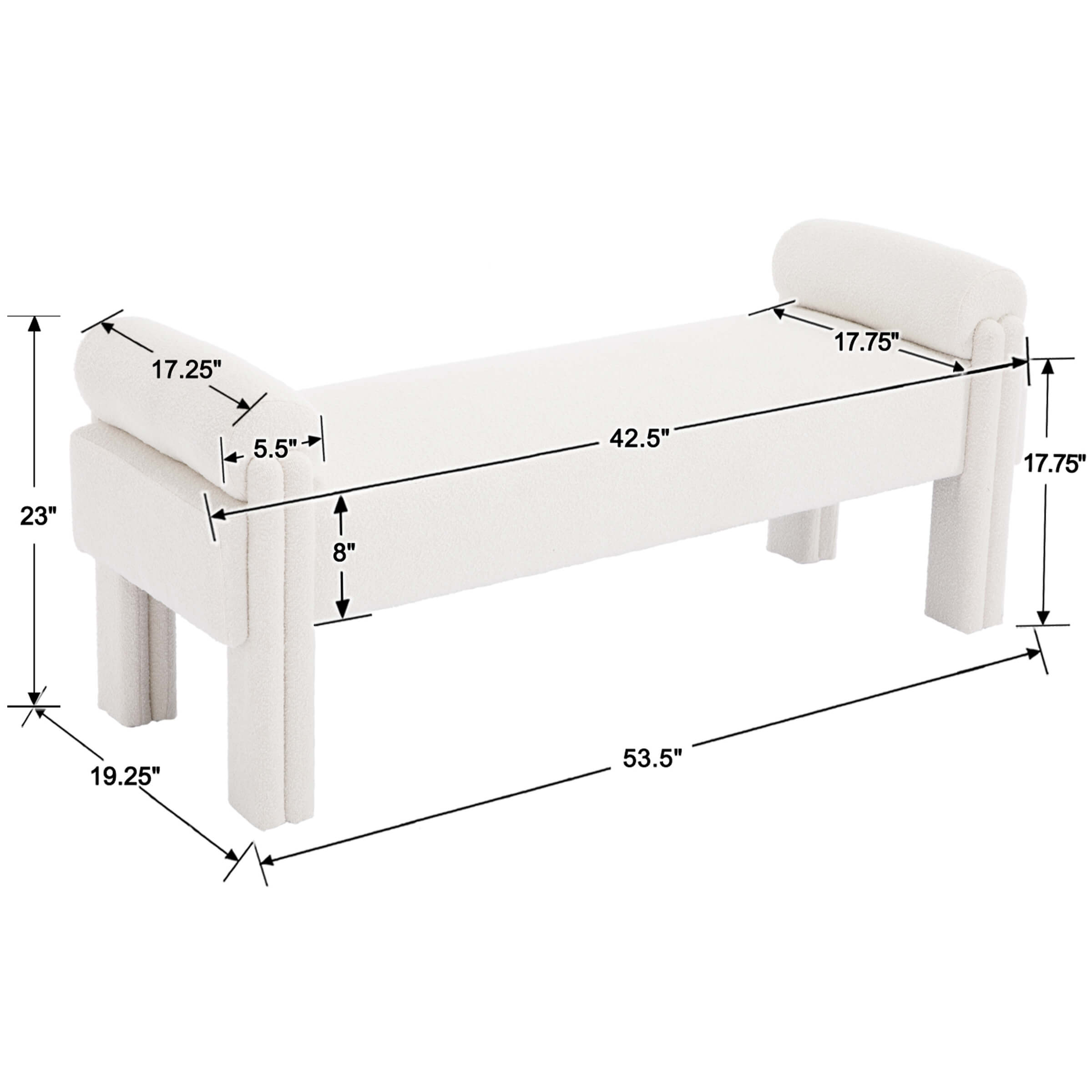 Dimensions diagram of end-of-bed bench with measurements