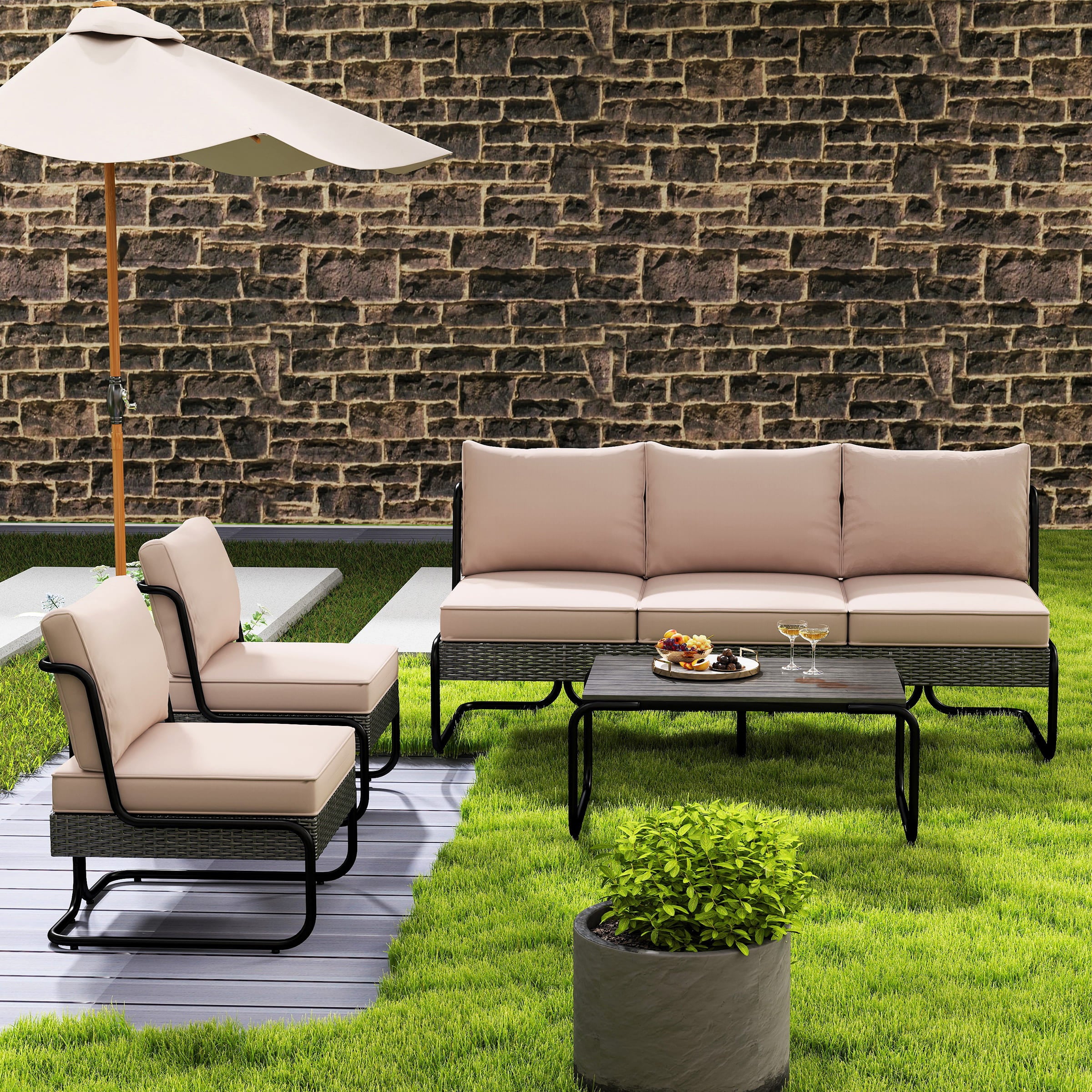 Outdoor beige cushioned patio furniture set with umbrella