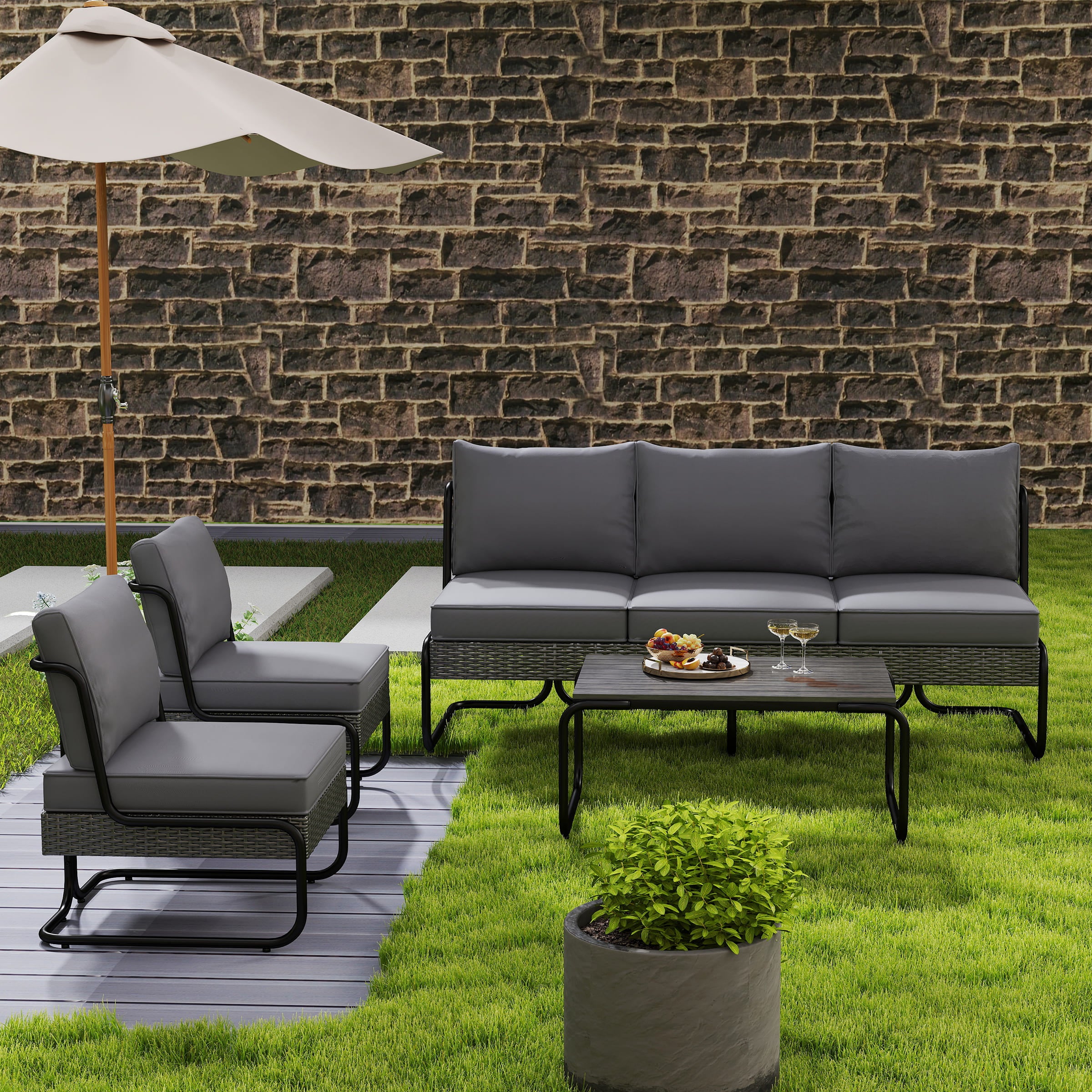 Grey outdoor furniture set with umbrella